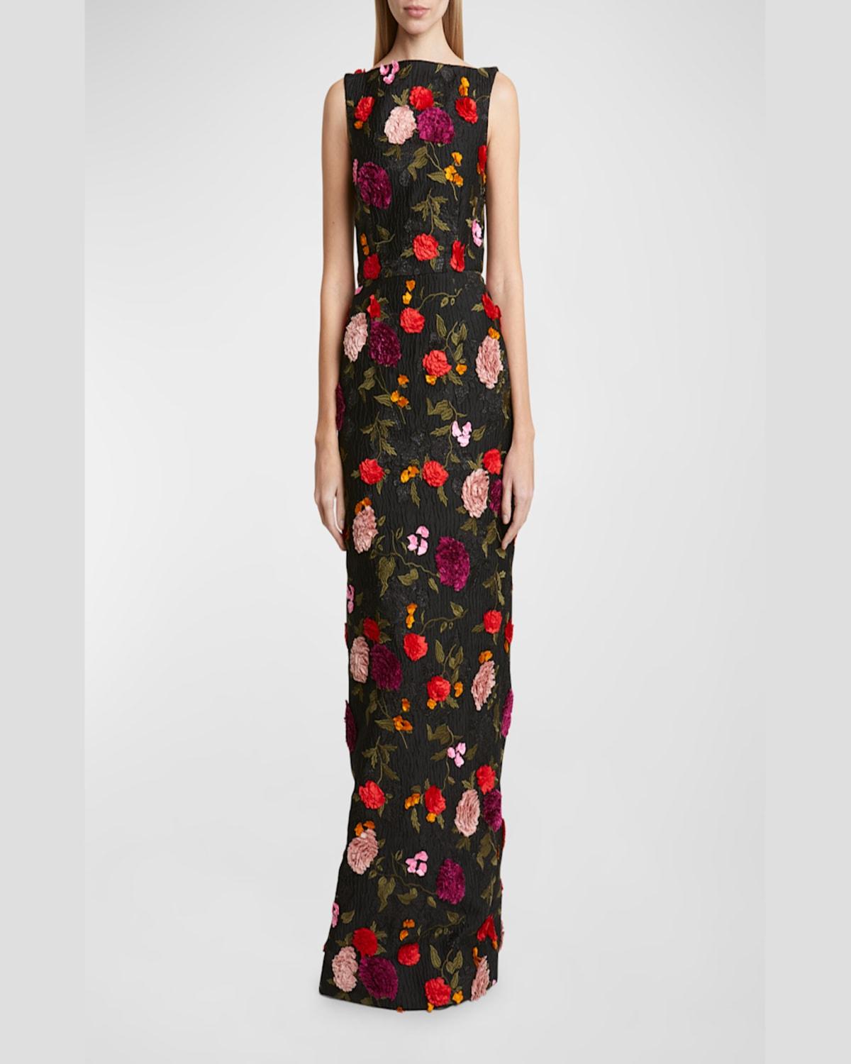 Floral Embroidered Long Sleeveless Column Gown