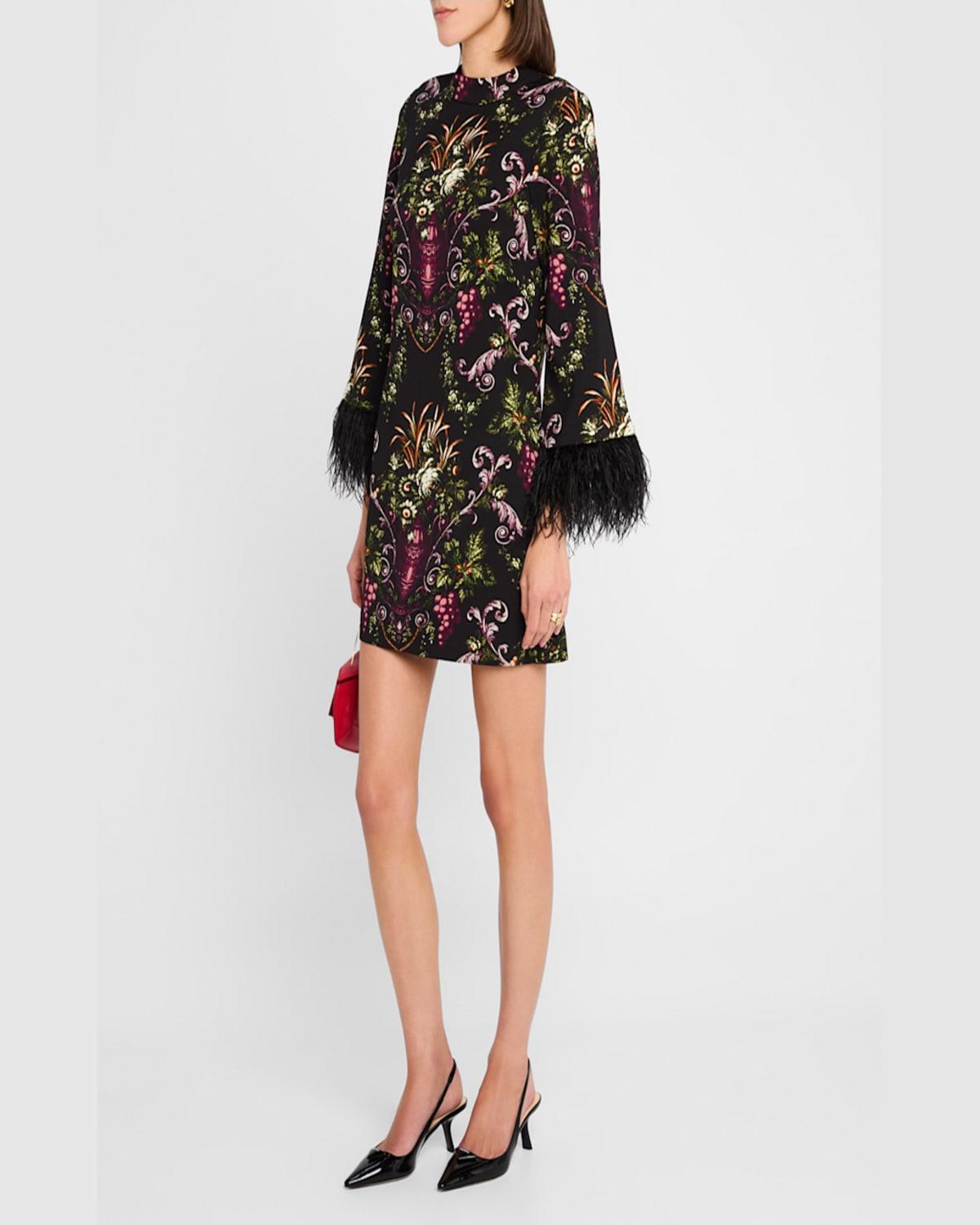 Vida Mock-Neck Medallion-Print Feather-Trim Mini Dress