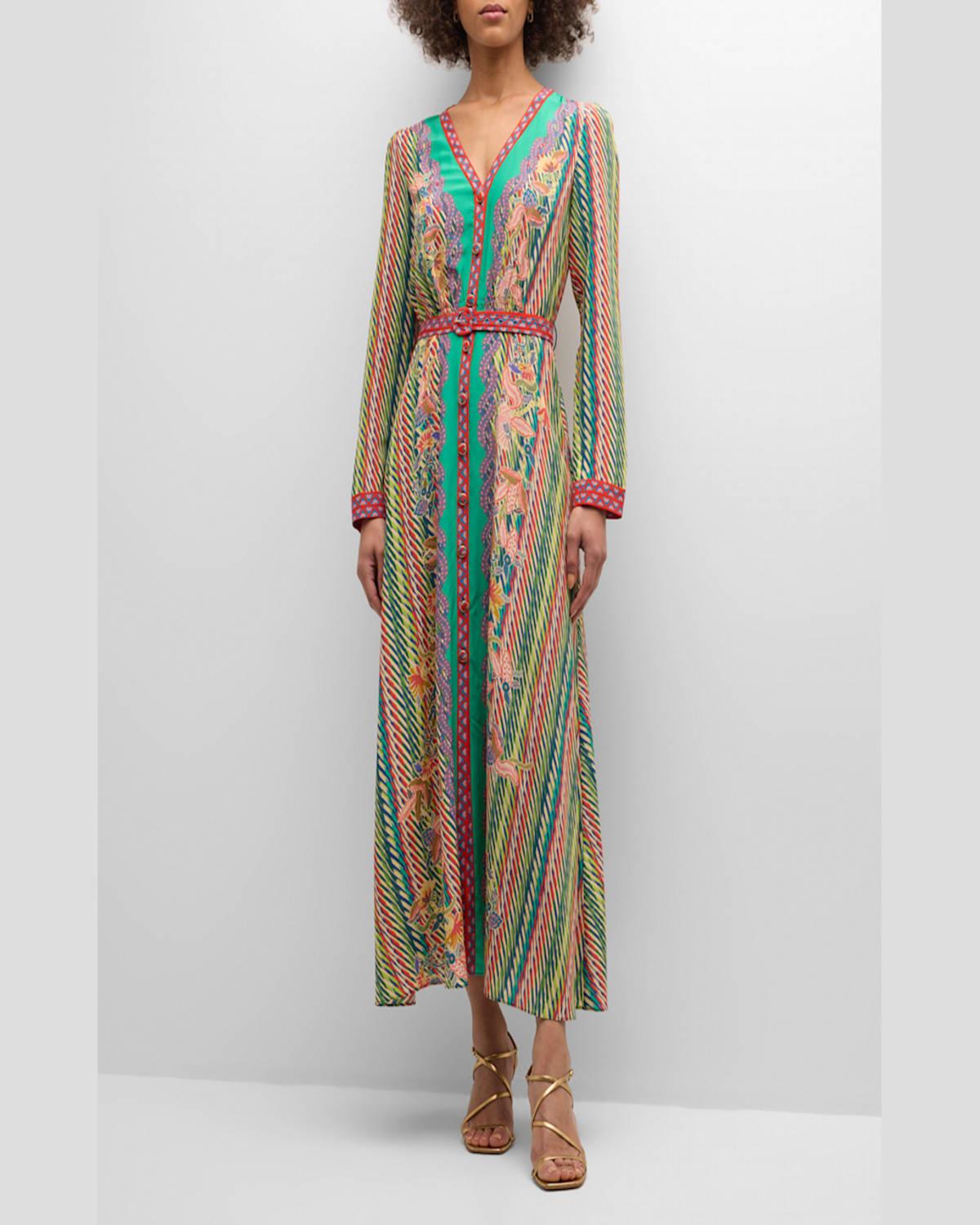 Lea Button-Front Printed Midi Silk Shirtdress