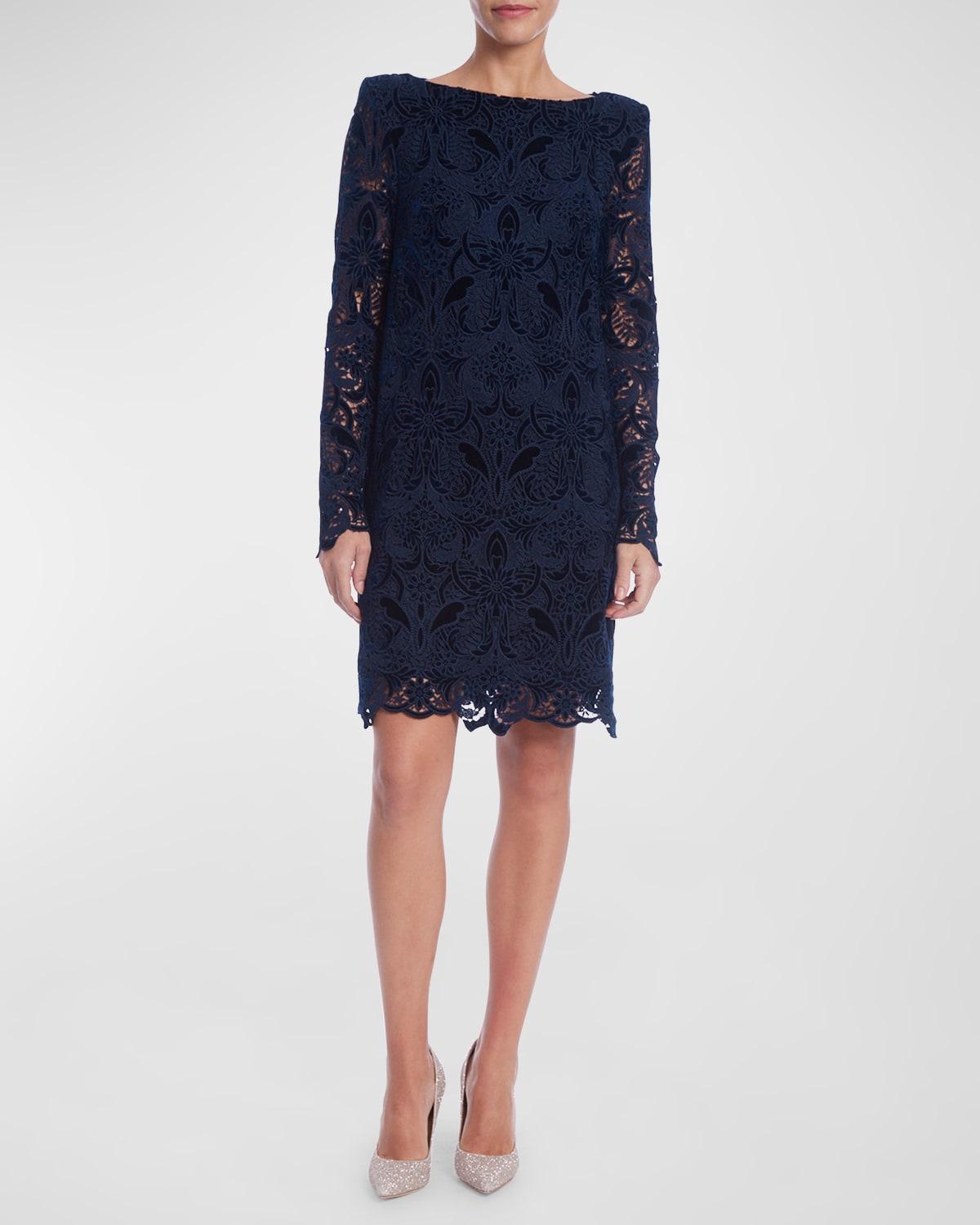 Bateau-Neck Floral Velvet Lace Dress