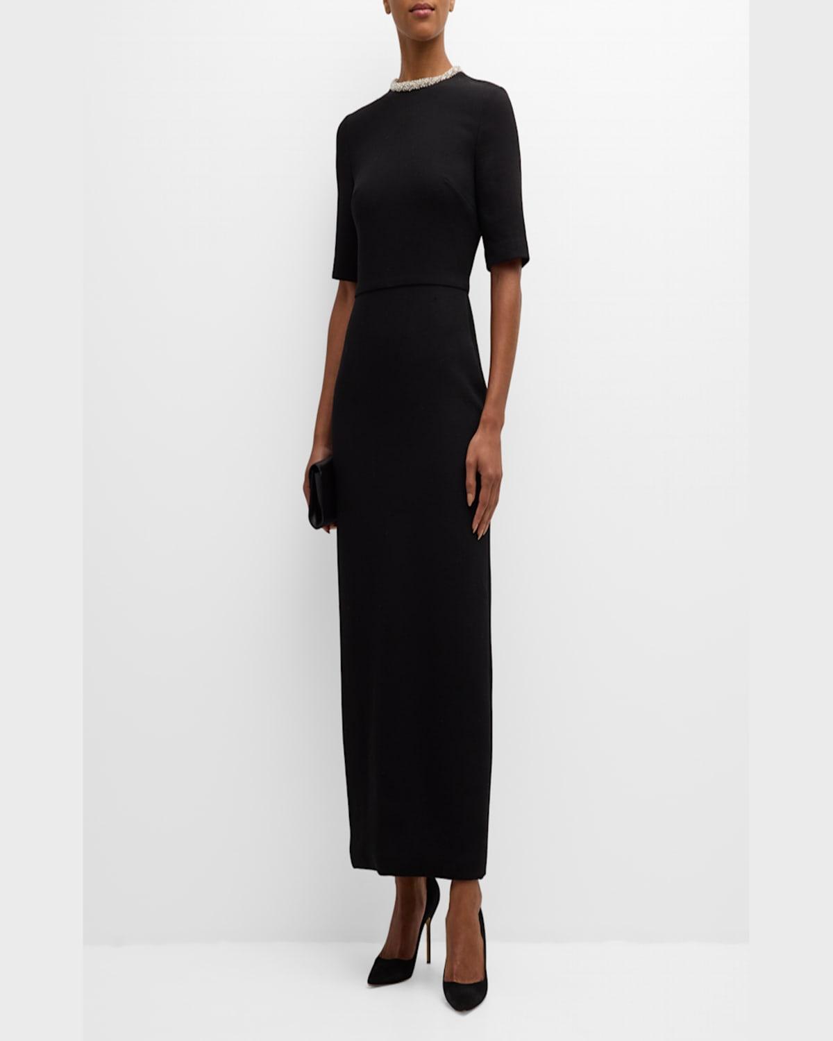 Crystal Neck Short-Sleeve Wool Crepe Midi Dress