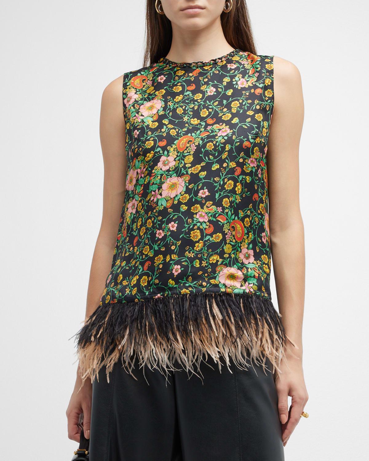 Kennedy Floral-Print Feather-Trim Blouse