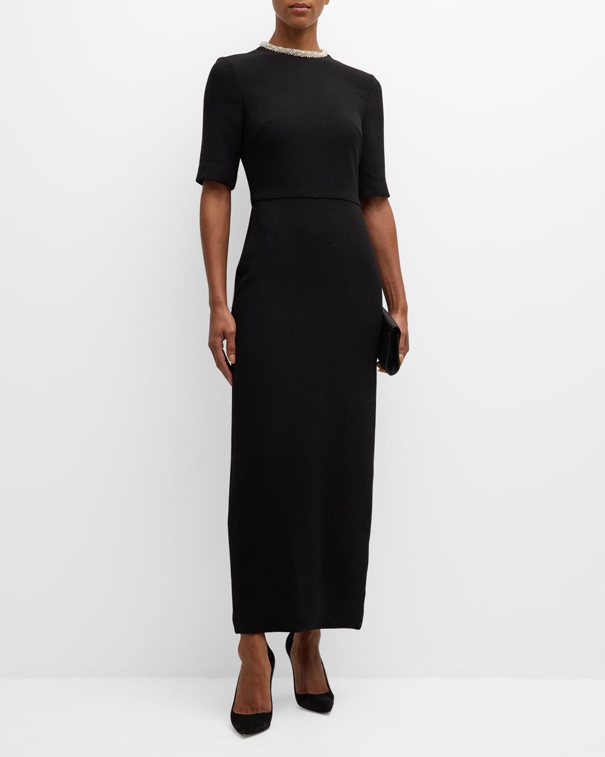 Crystal Neck Short-Sleeve Wool Crepe Midi Dress