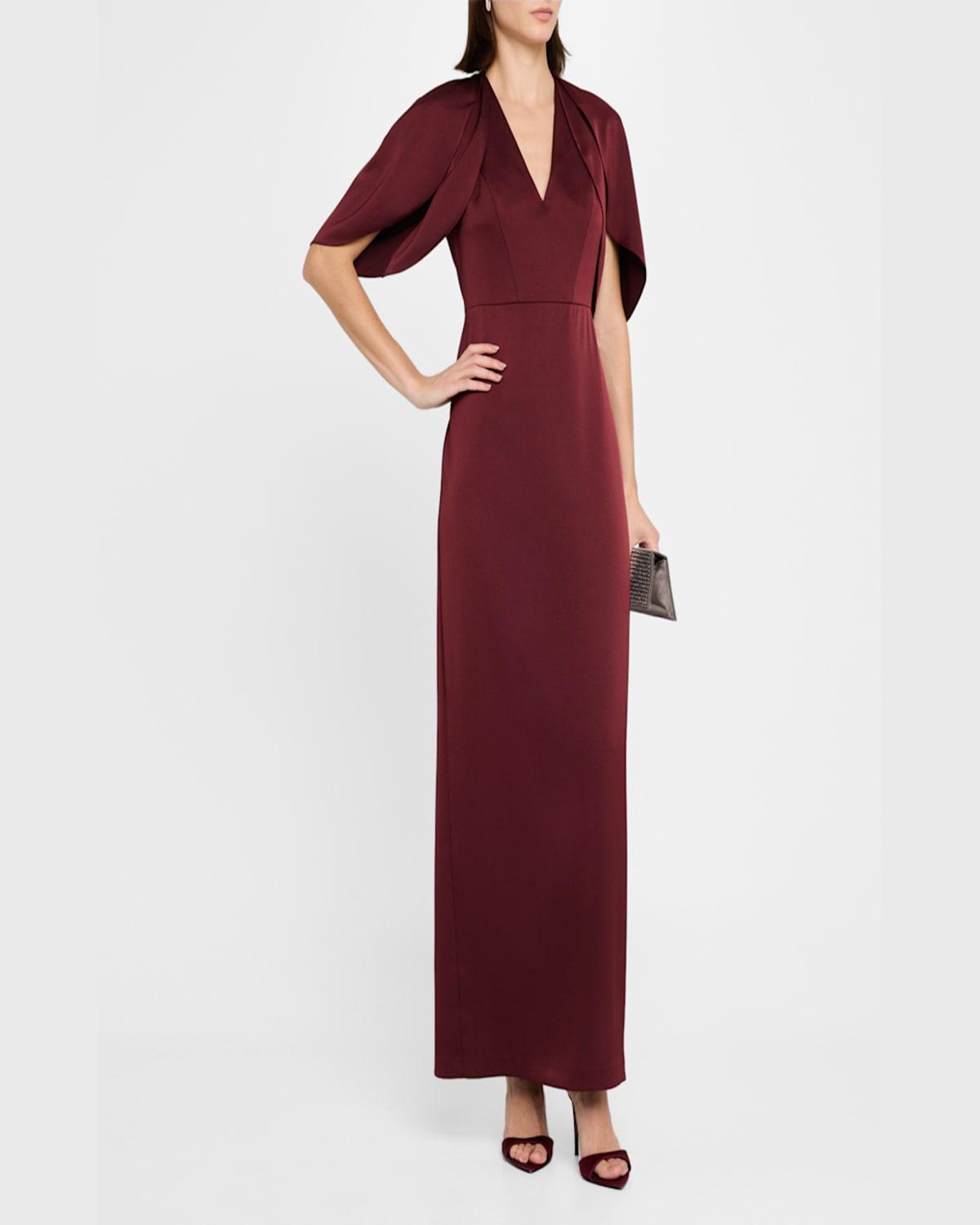 Tulip-Sleeve Crepe Back Satin Column Gown