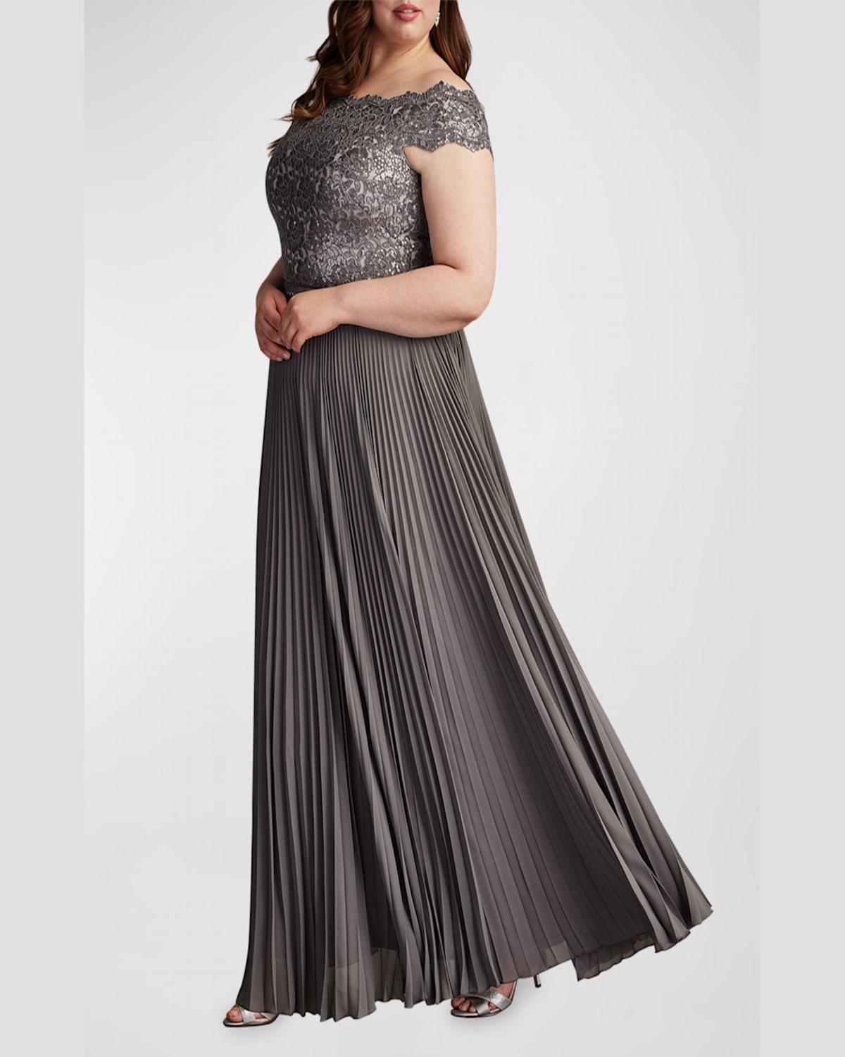 Plus Size Off-Shoulder Pleated Sequin Lace Gown