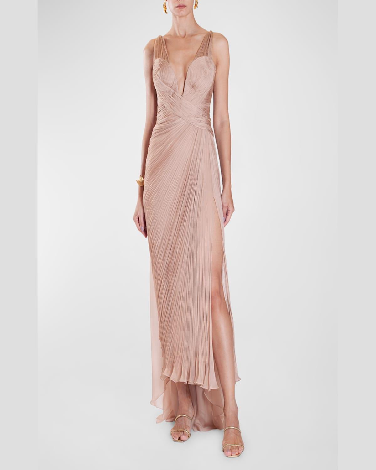 Adelie Plunging Draped Plisse Slit Gown