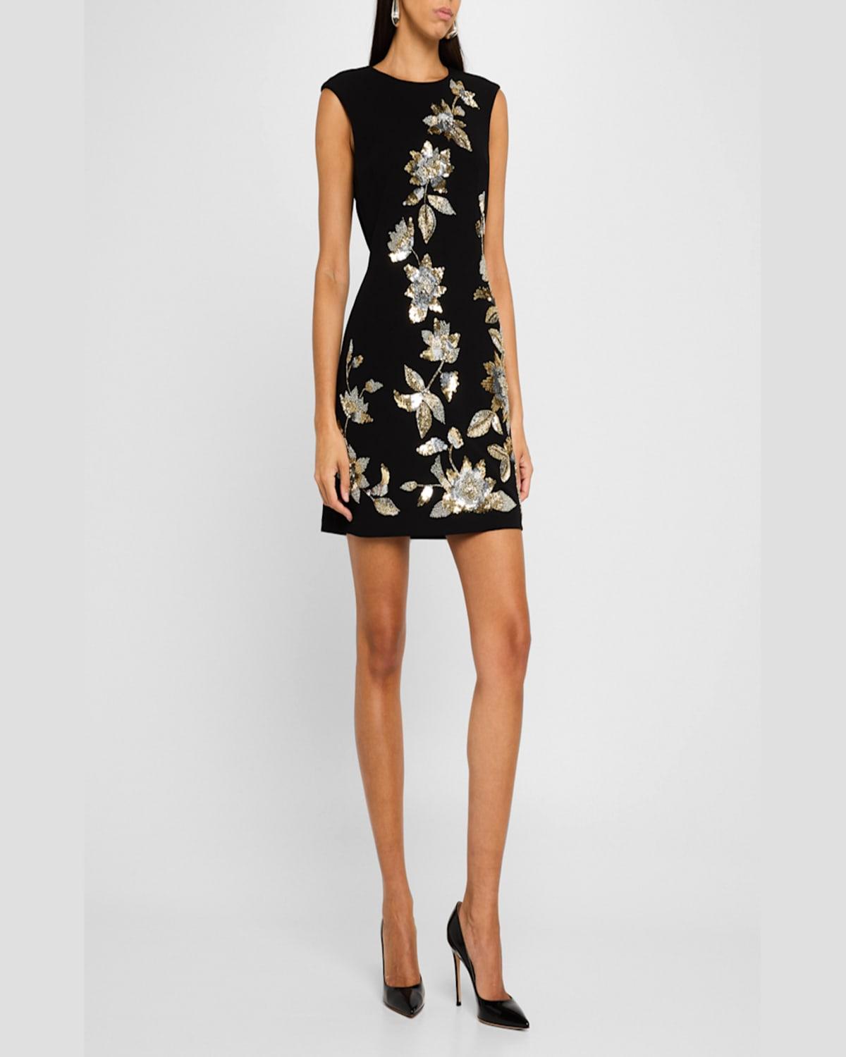 Sleeveless Sequin Floral Crepe Mini Dress