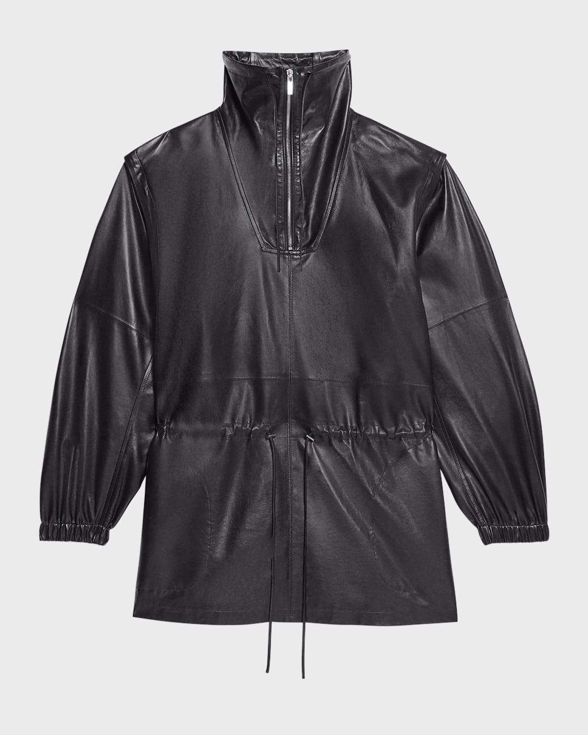 Leather Drawstring Coat with Removable Sleeves