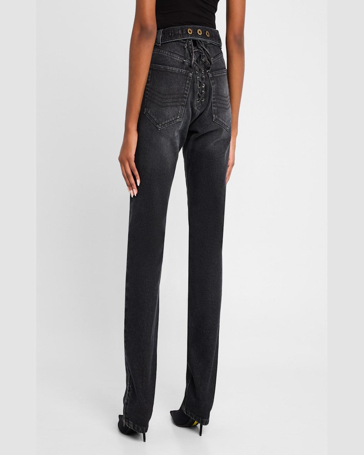 Laced Straight-Leg Denim Moto Jeans