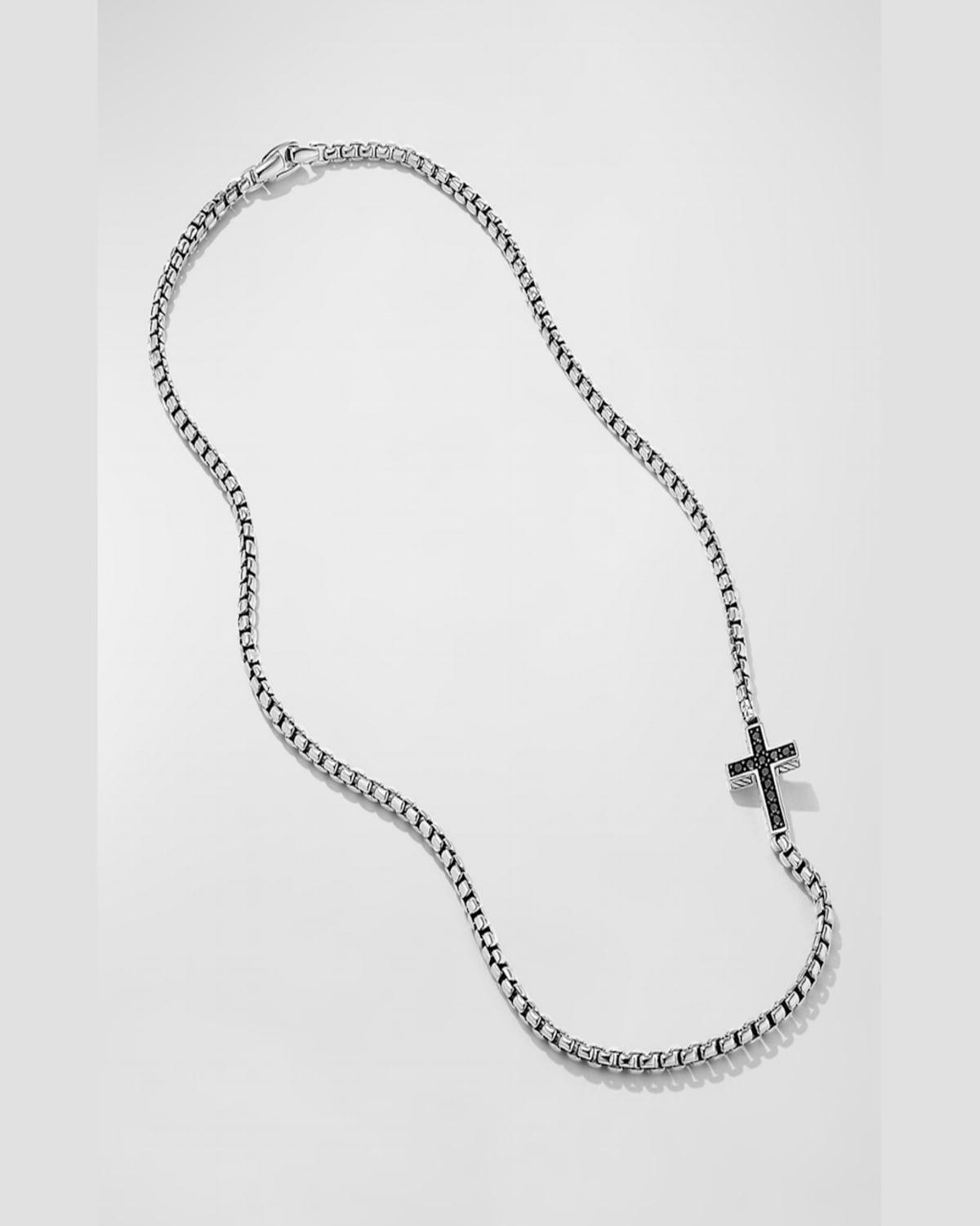 3.6mm Men's Streamline Cross Necklace with Black Diamonds in Silver