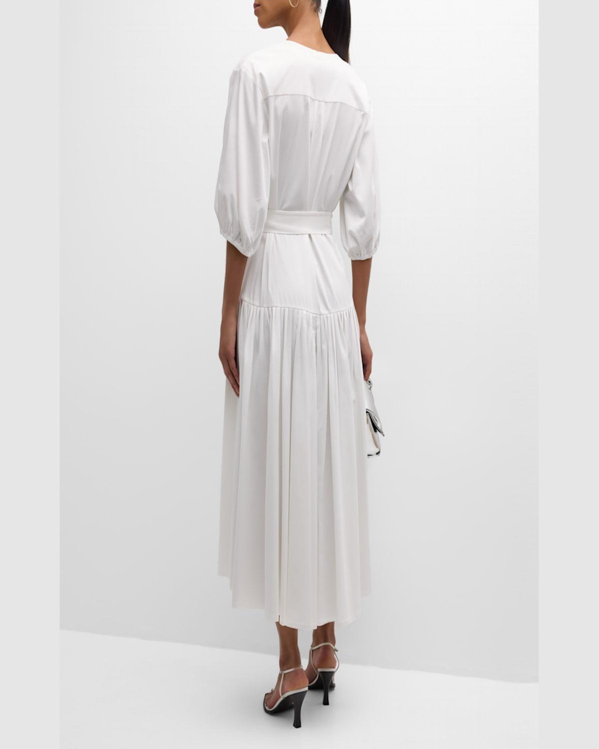 Oasis Tie-Belt Elbow-Sleeve Cotton Midi Dress