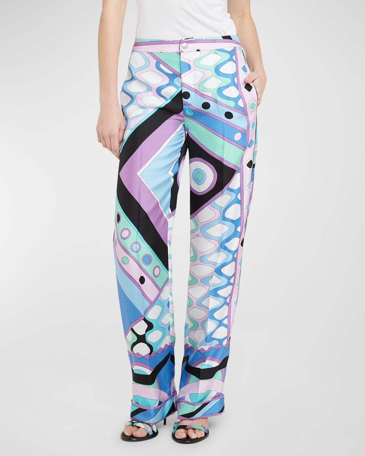 Mid-Rise Abstract-Print Straight-Leg Satin Pajama Trousers