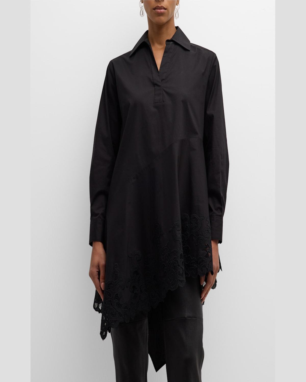 Asymmetric Lace-Inset Cotton Poplin Shirt