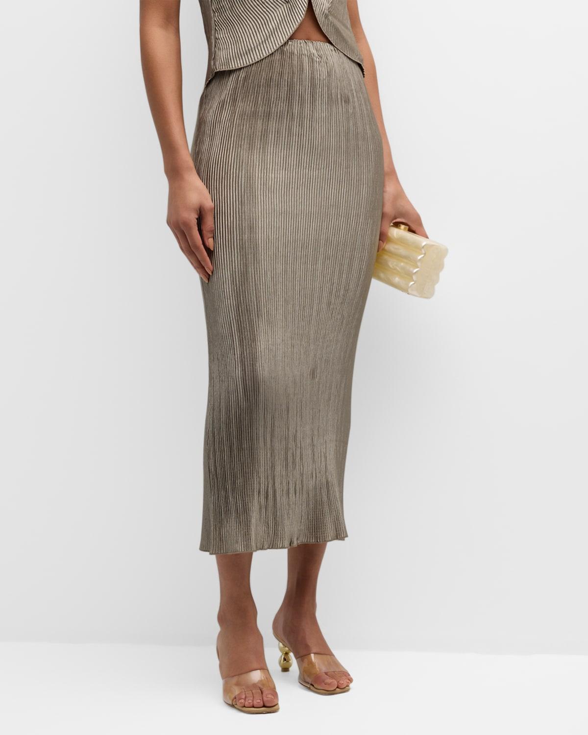 Kylii Pleated Satin Midi Skirt