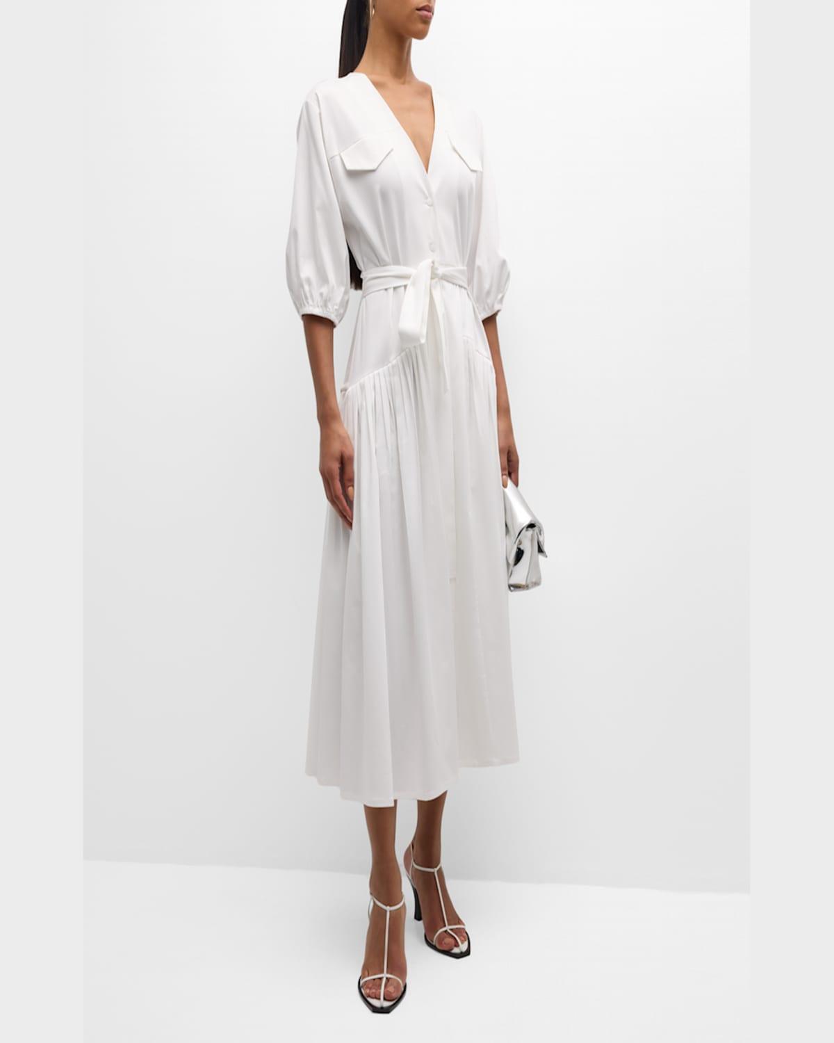 Oasis Tie-Belt Elbow-Sleeve Cotton Midi Dress