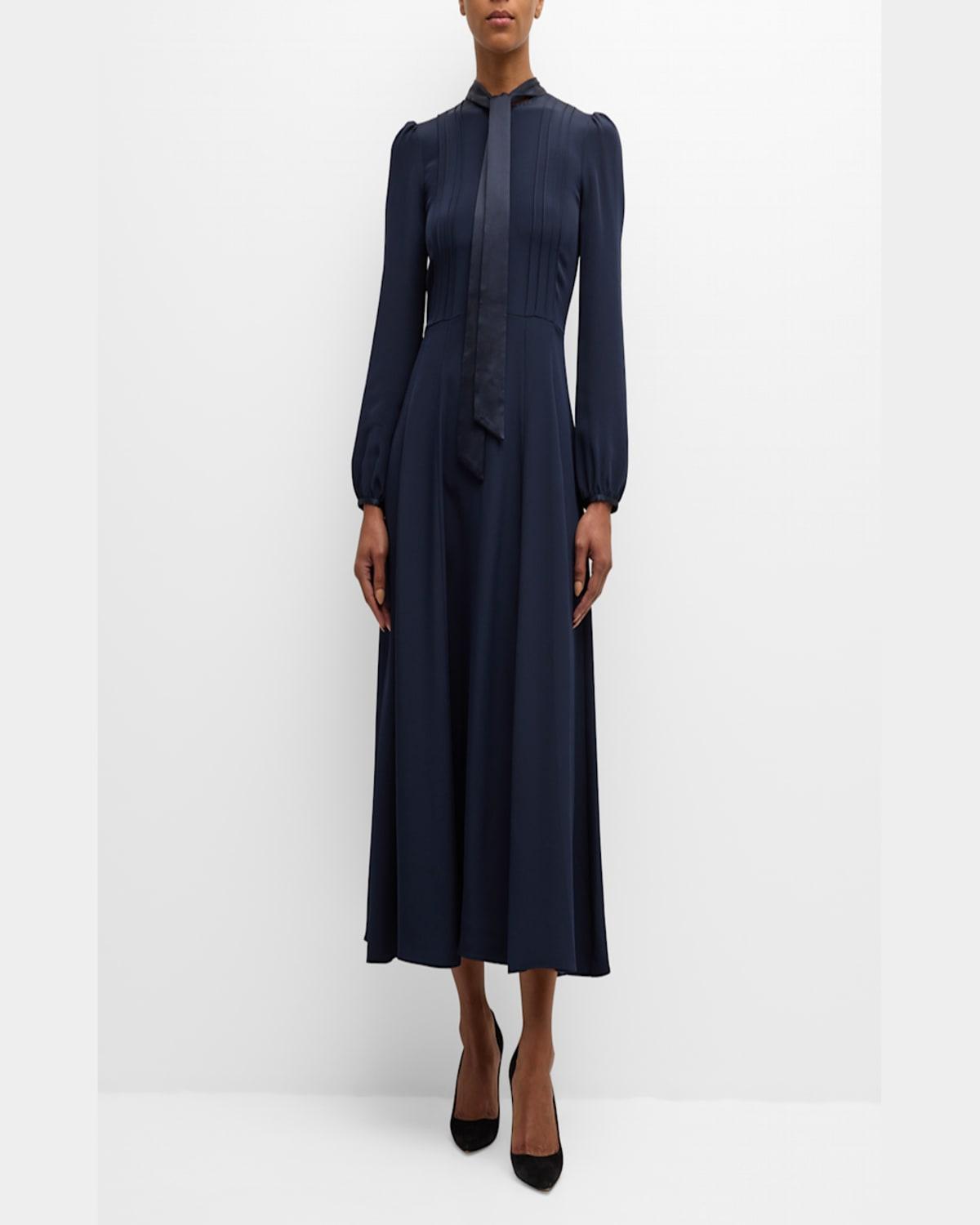 Alison Long-Sleeve Scarf-Neck Silk Crepe Midi Dress