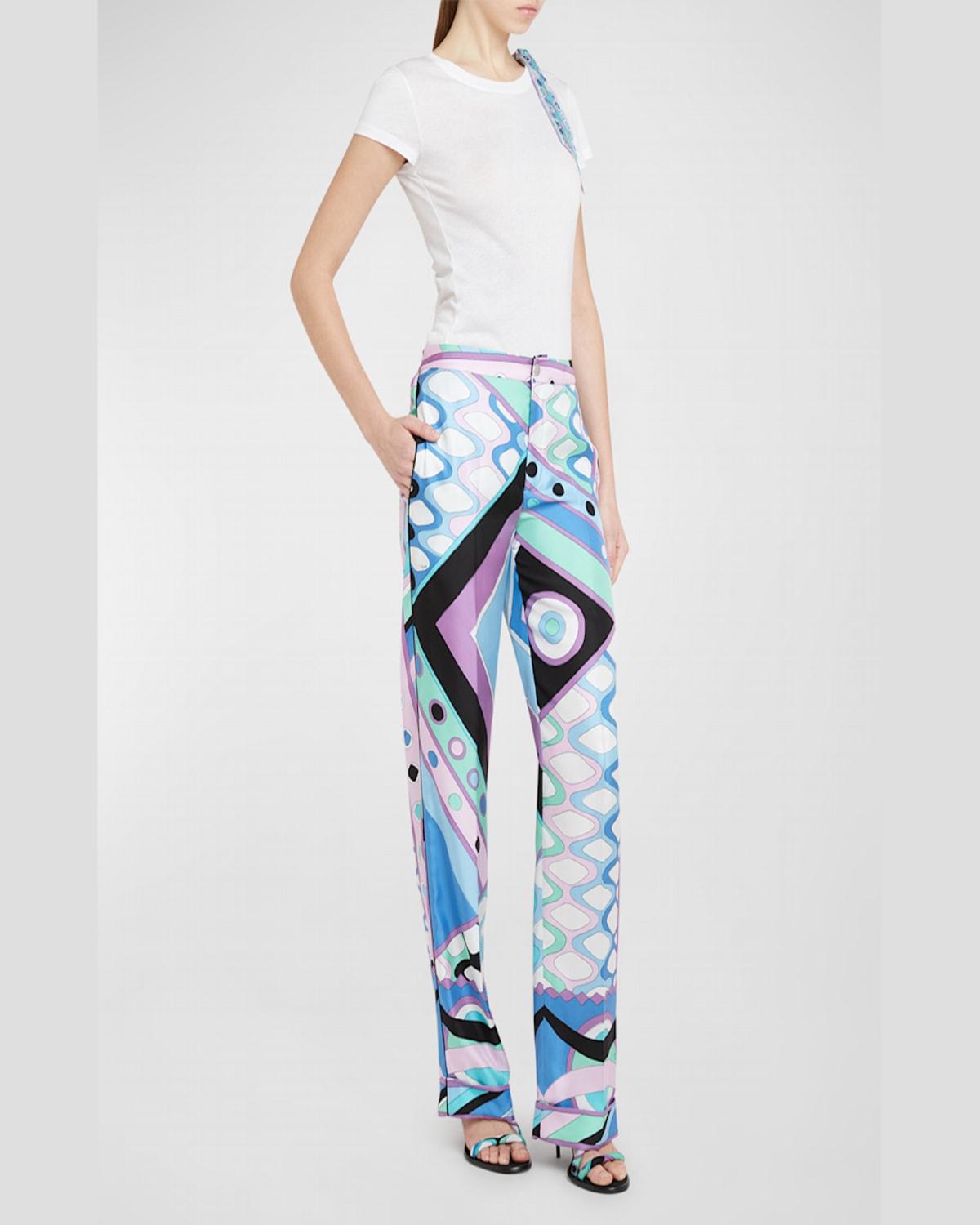 Mid-Rise Abstract-Print Straight-Leg Satin Pajama Trousers