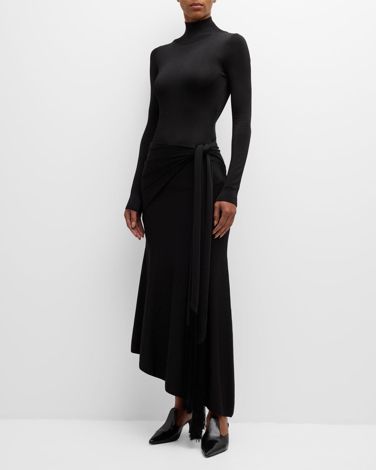 Turtleneck Scarf-Waist Knit Midi Dress