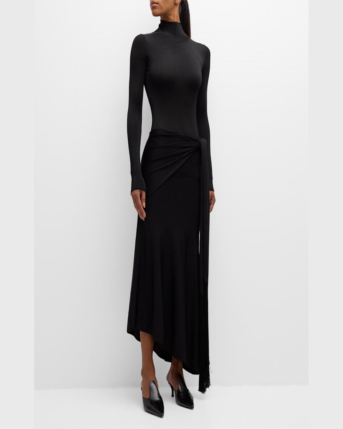 Turtleneck Scarf-Waist Knit Midi Dress