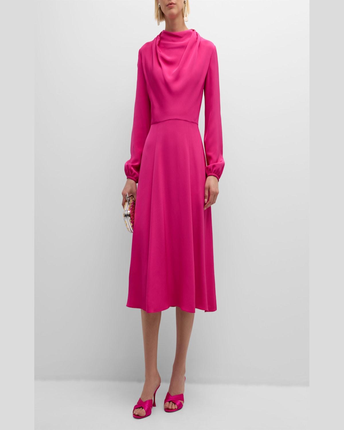 Blythe Draped Long-Sleeve Silk Crepe Midi Dress