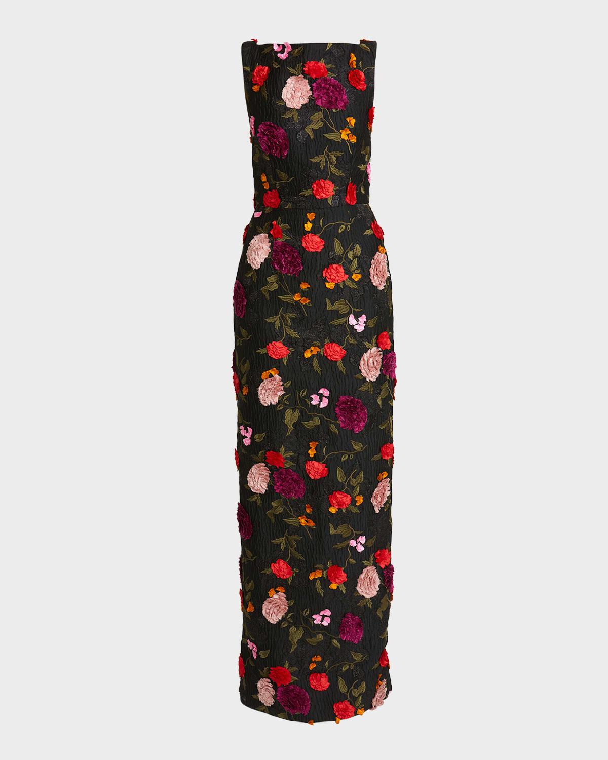 Floral Embroidered Long Sleeveless Column Gown