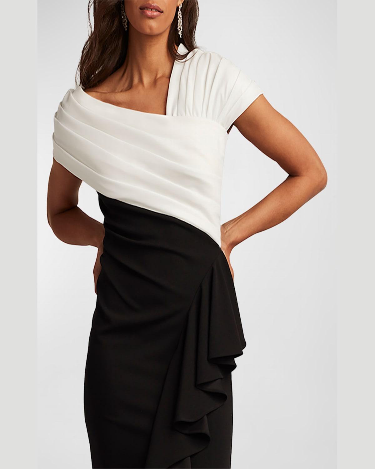 Pleated Two-Tone Ruffle Crepe Gown