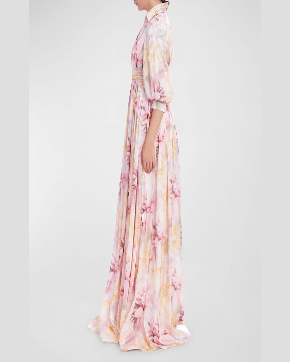 Blouson-Sleeve Shimmer Floral-Print Empire Gown