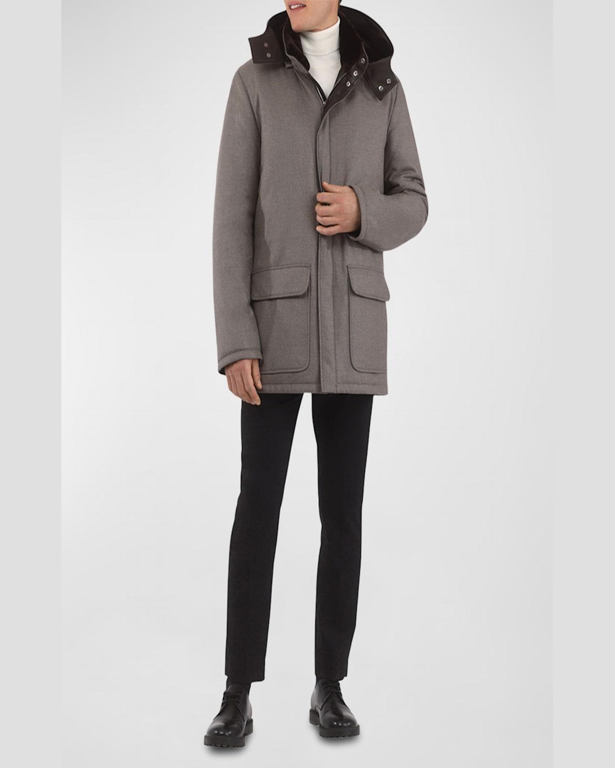 Men's Loro Piana Wool-Cashmere Parka with Lamb Shearling Collar and Detachable Hood