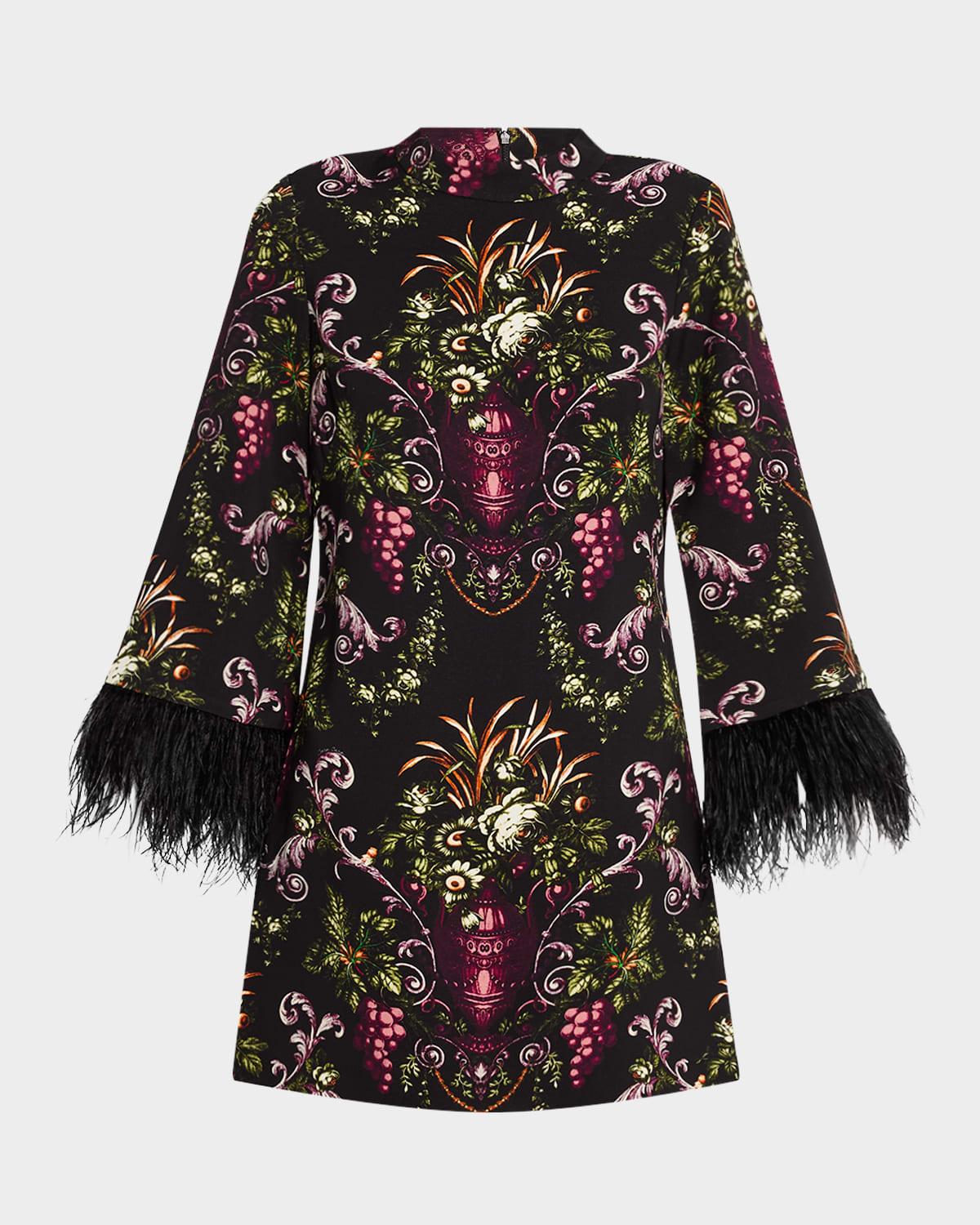 Vida Mock-Neck Medallion-Print Feather-Trim Mini Dress