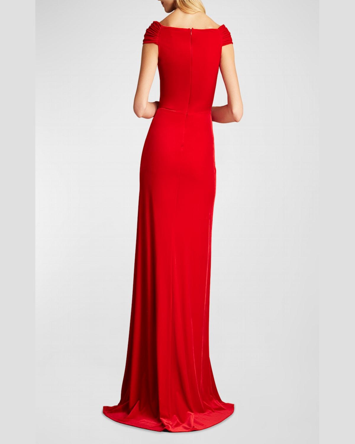 Pleated Asymmetric Crepe Column Gown