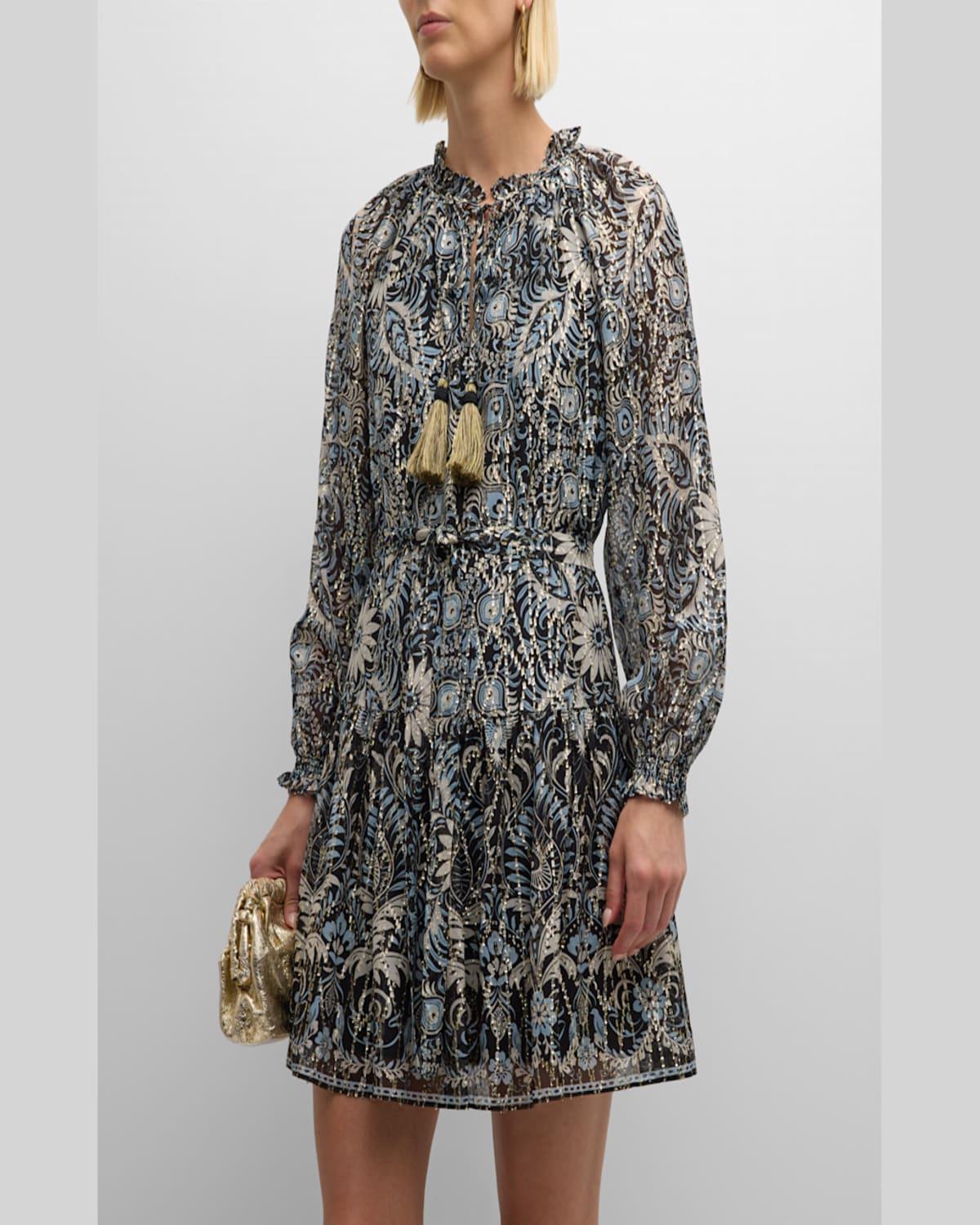 Kaye Floral-Print Metallic Fleck Dress