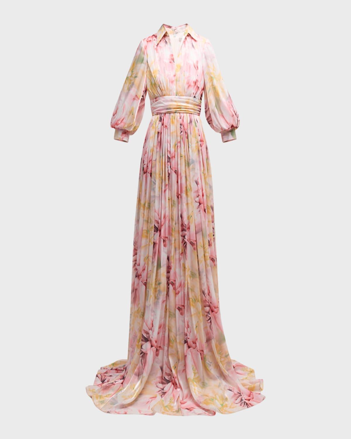 Blouson-Sleeve Shimmer Floral-Print Empire Gown