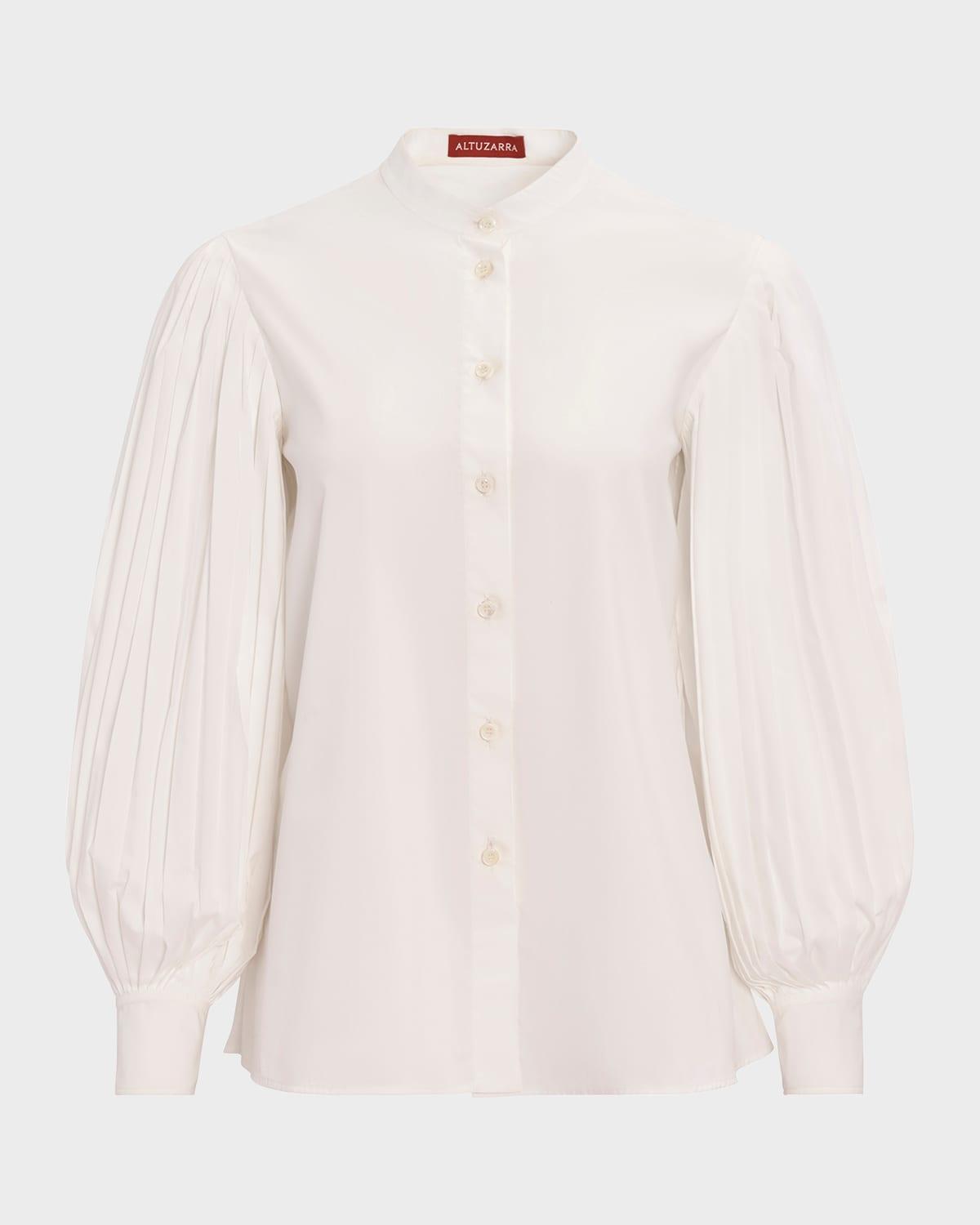 Patsy Pleated Blouson-Sleeve Collared Top