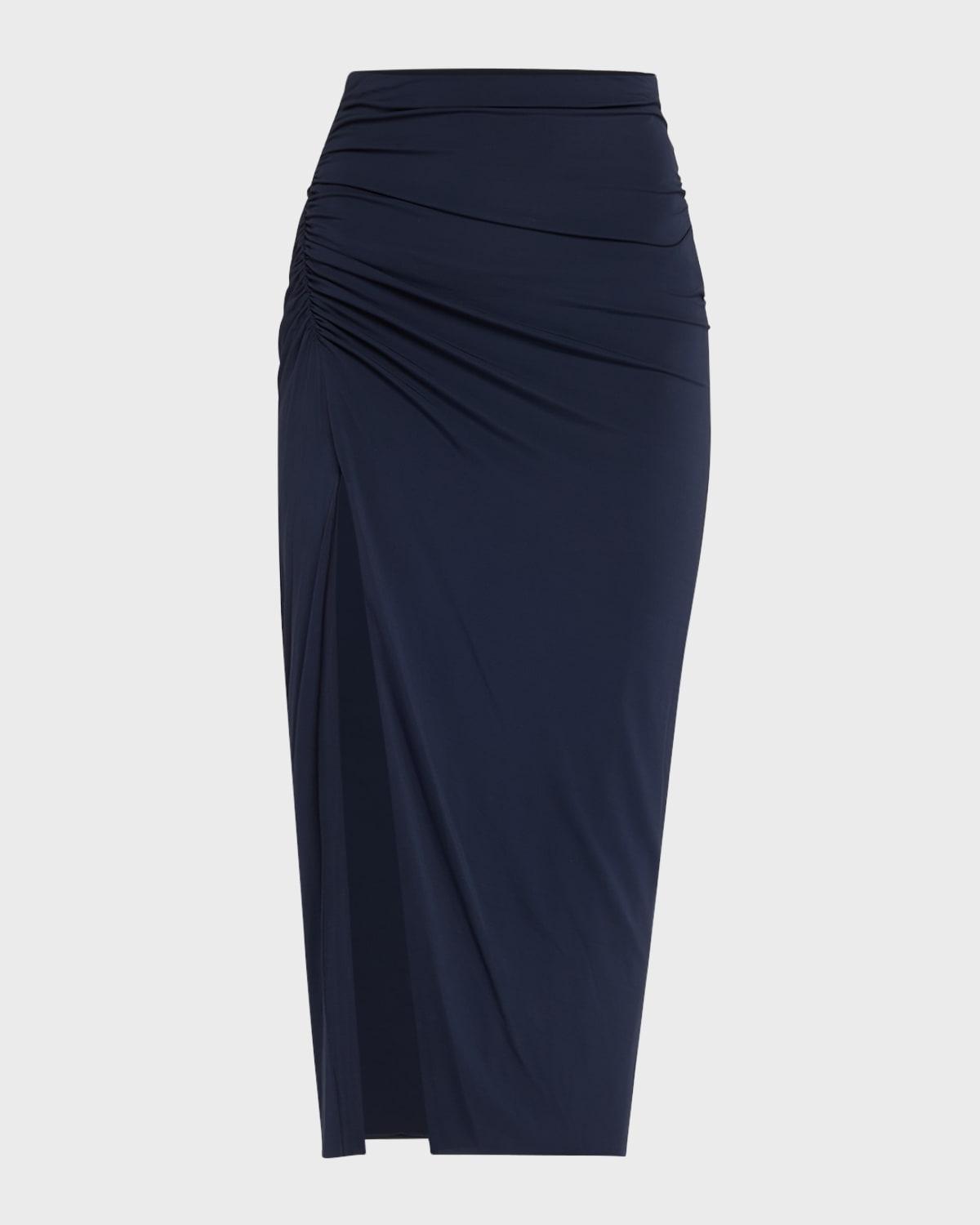 Shirred Slit Jersey Midi Pencil Skirt