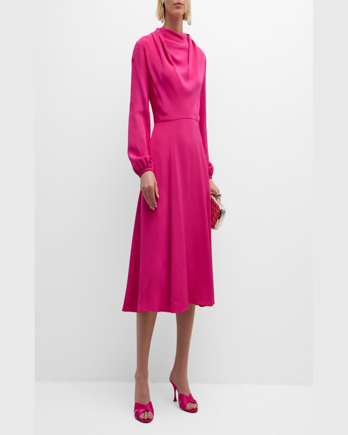 Blythe Draped Long-Sleeve Silk Crepe Midi Dress