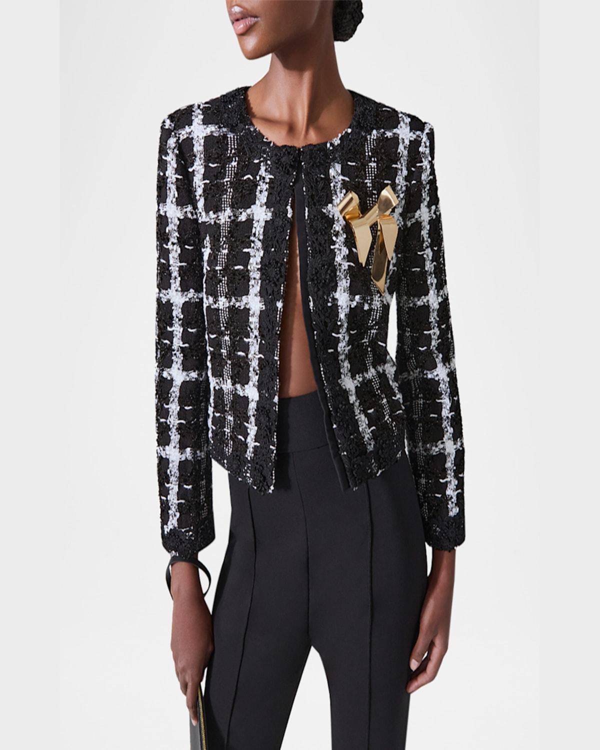 Collarless Metallic Check Tweed Crop Jacket