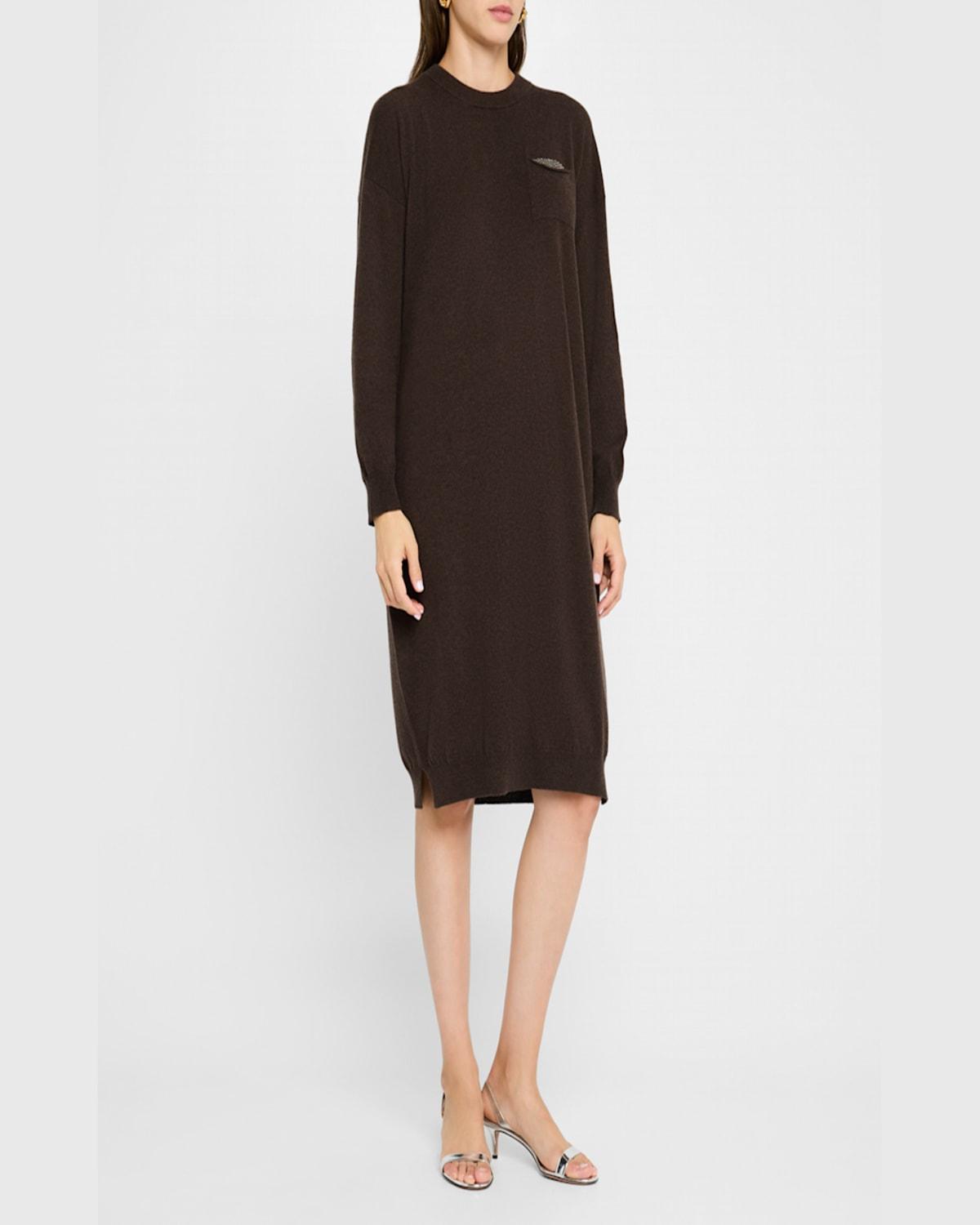 Chain-Trim Crewneck Knit Sweater Dress