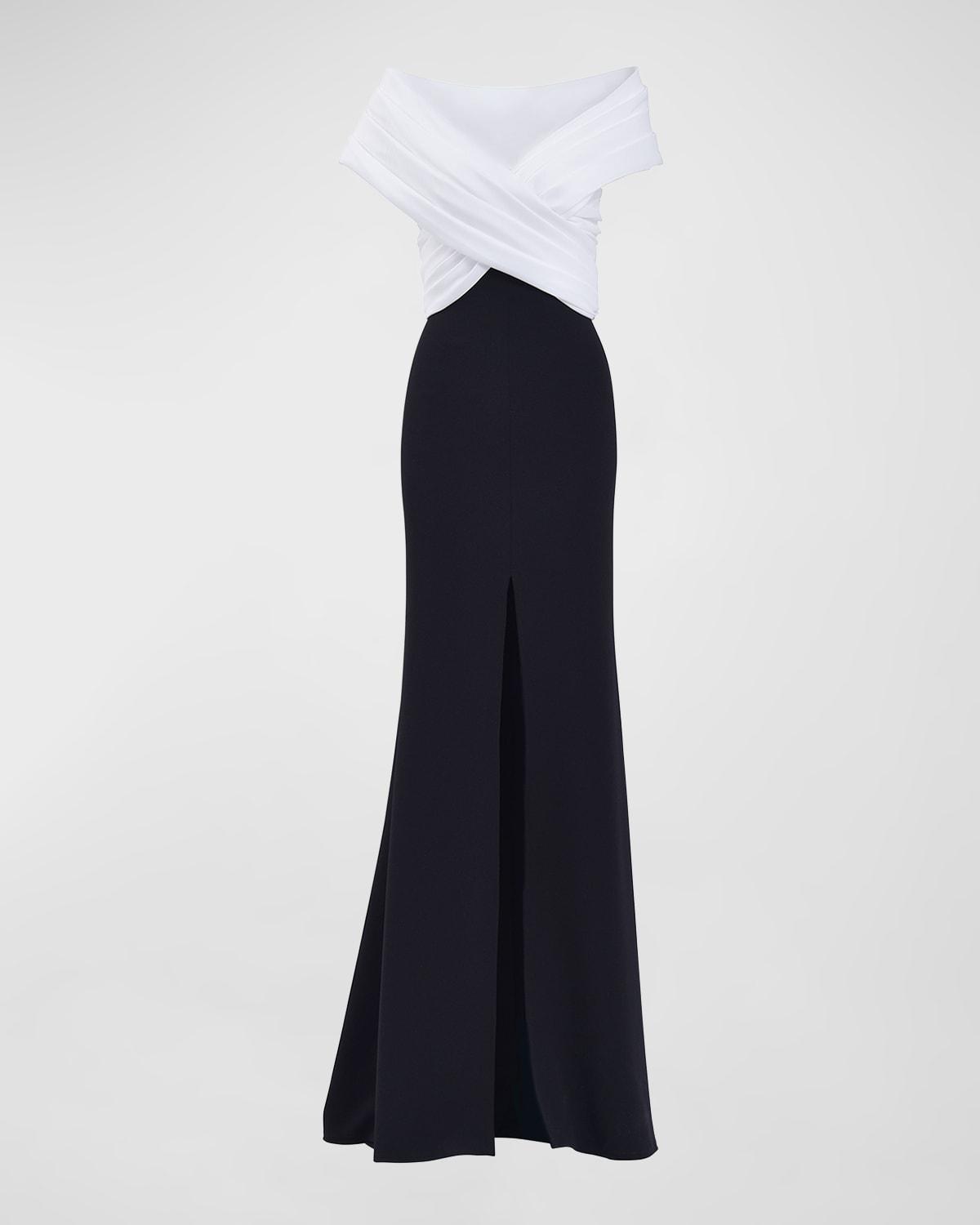 Pleated Two-Tone Off-Shoulder Gown