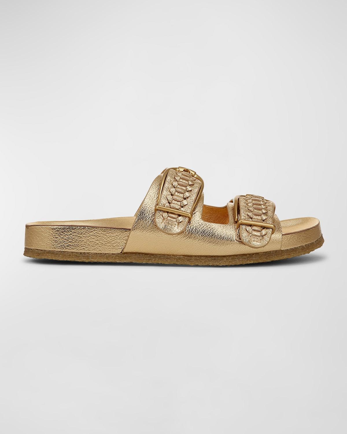 Paige Woven Metallic Dual-Buckle Slide Sandals