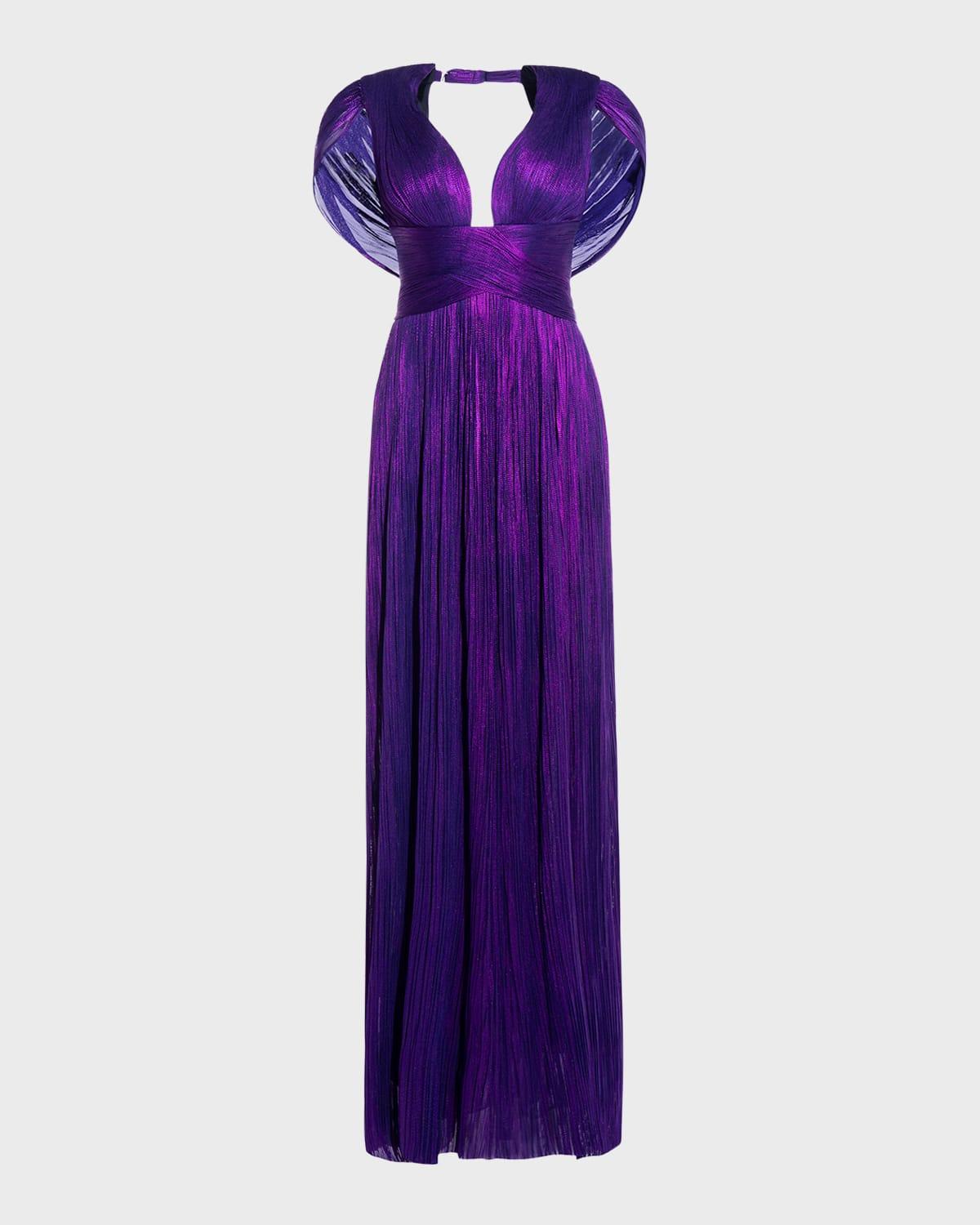 Laurel Plunging Drape Backless Metallic Plisse Gown