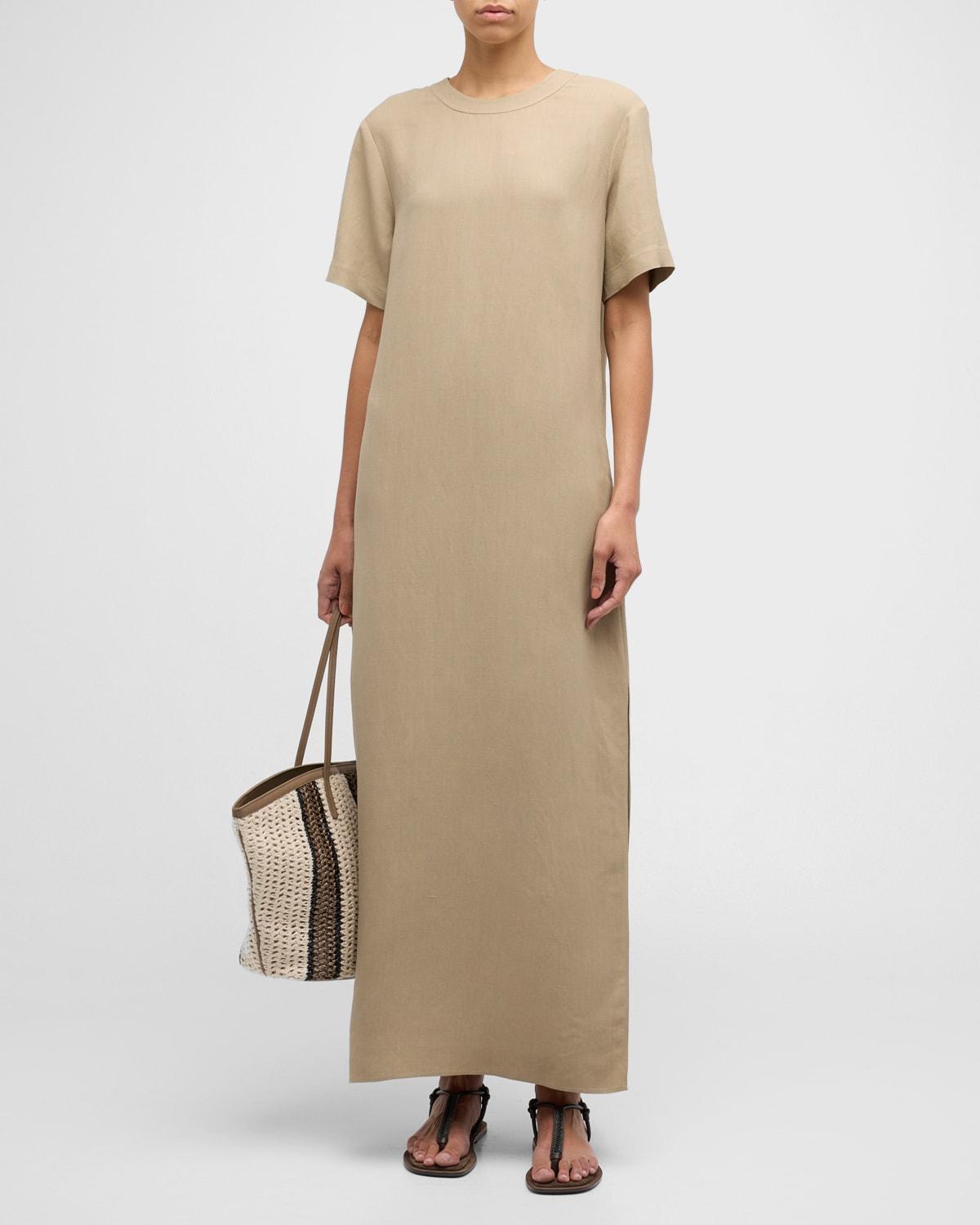 Fluid Linen Twill T-Shirt Dress with Slits and Monili Detail