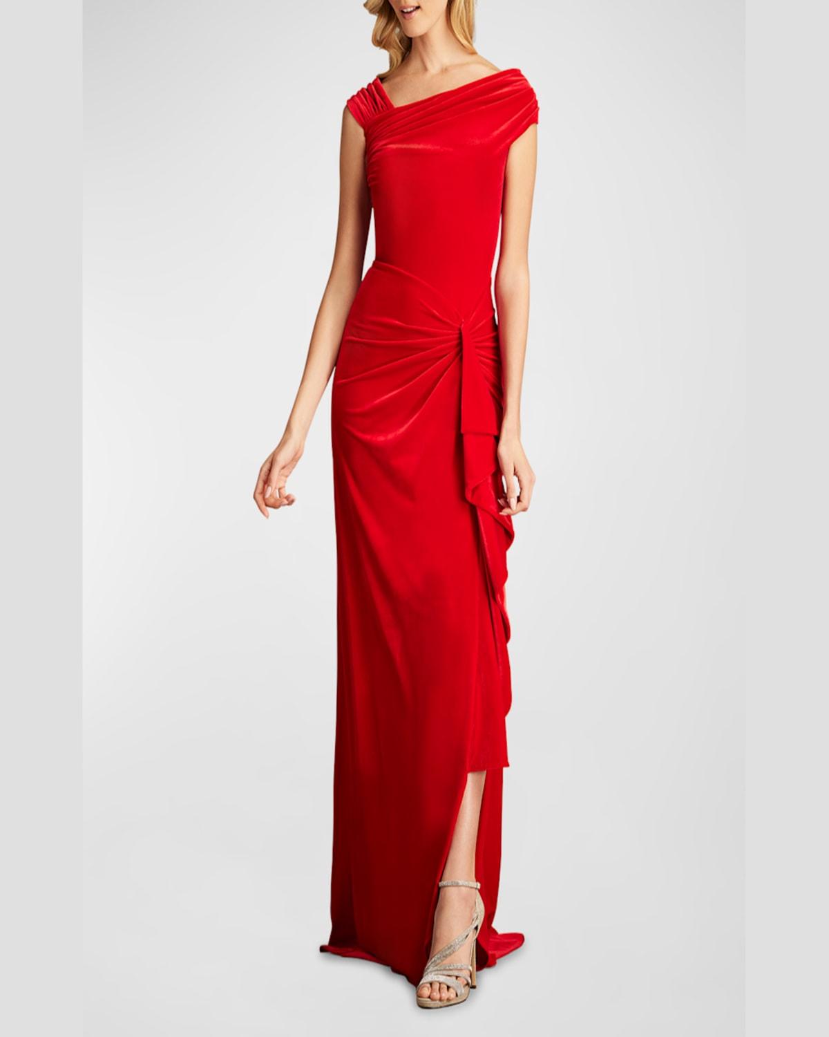 Pleated Asymmetric Crepe Column Gown