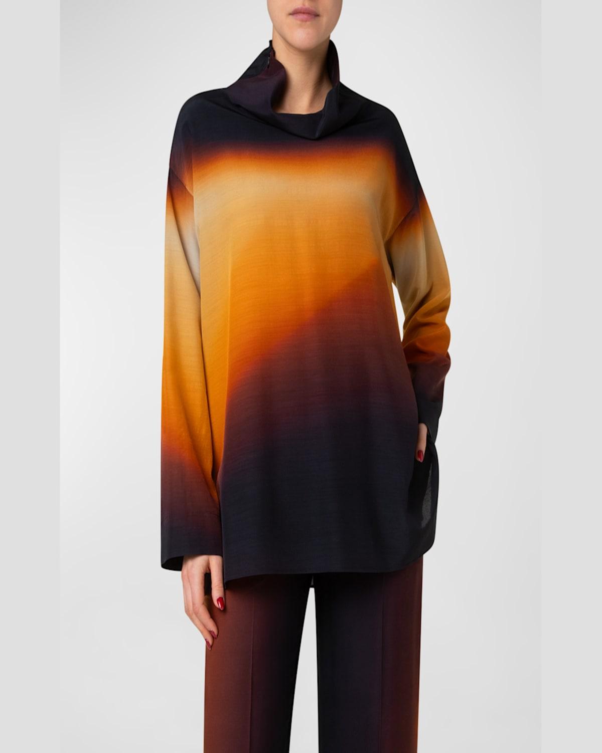 Autumn Twilight-Print Turtleneck Oversized Voile Tunic Blouse