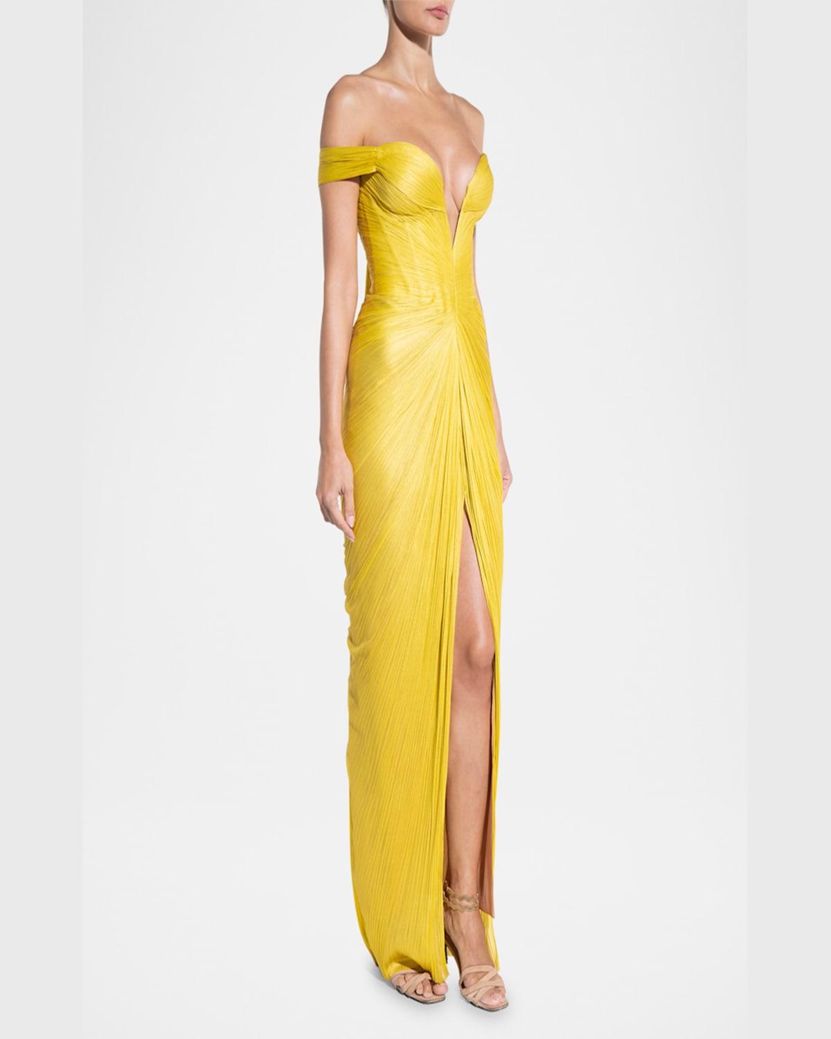 Reo Tia Plunging Off-The-Shoulder Slit Gown