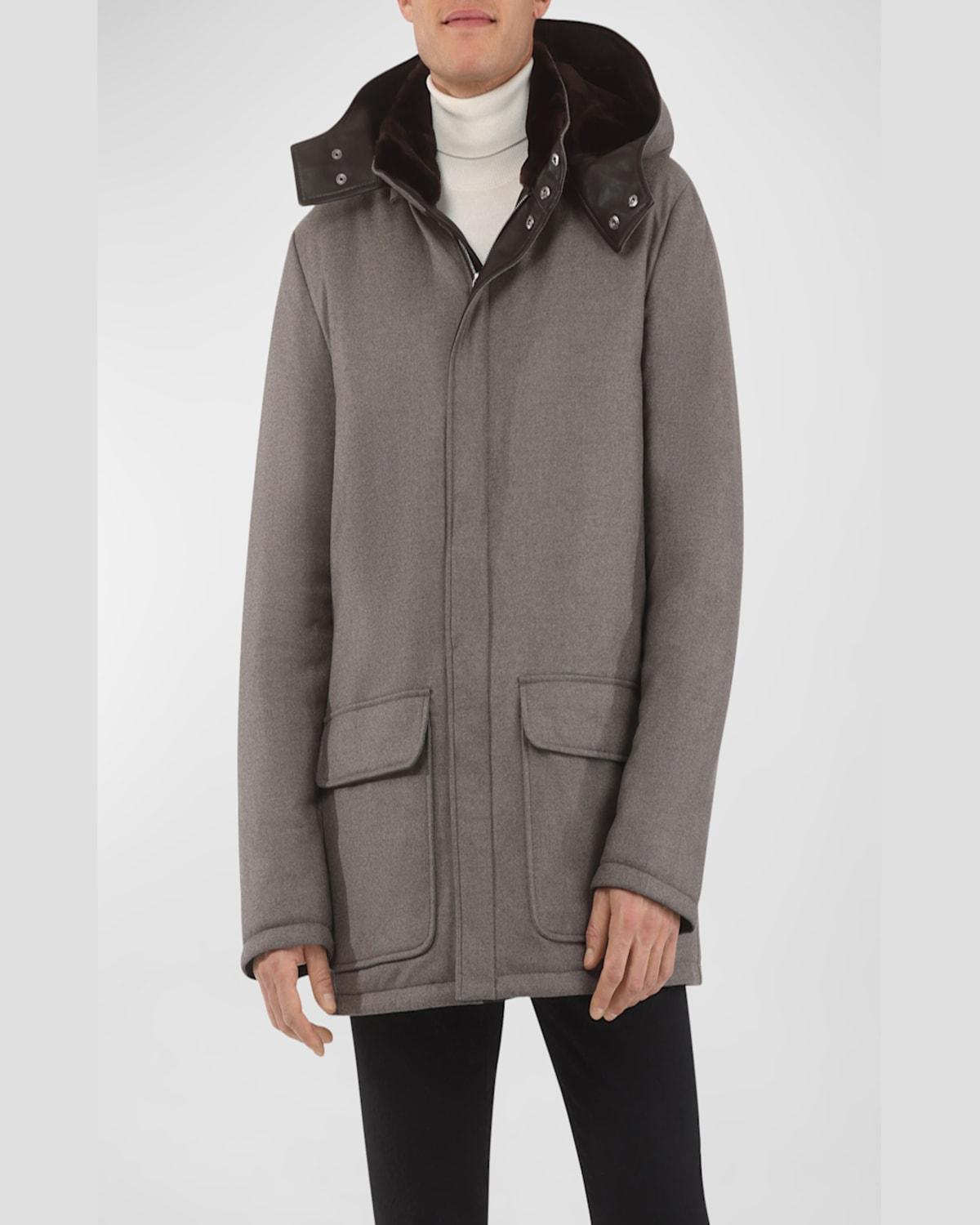 Men's Loro Piana Wool-Cashmere Parka with Lamb Shearling Collar and Detachable Hood