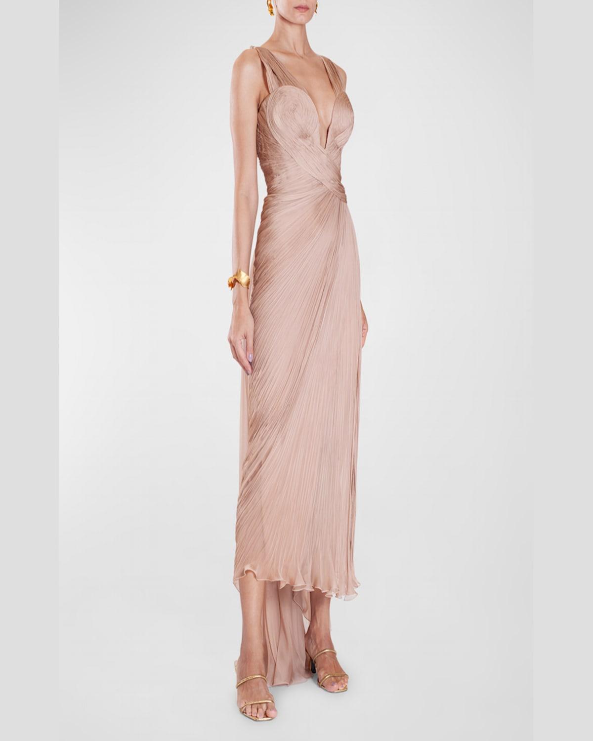 Adelie Plunging Draped Plisse Slit Gown