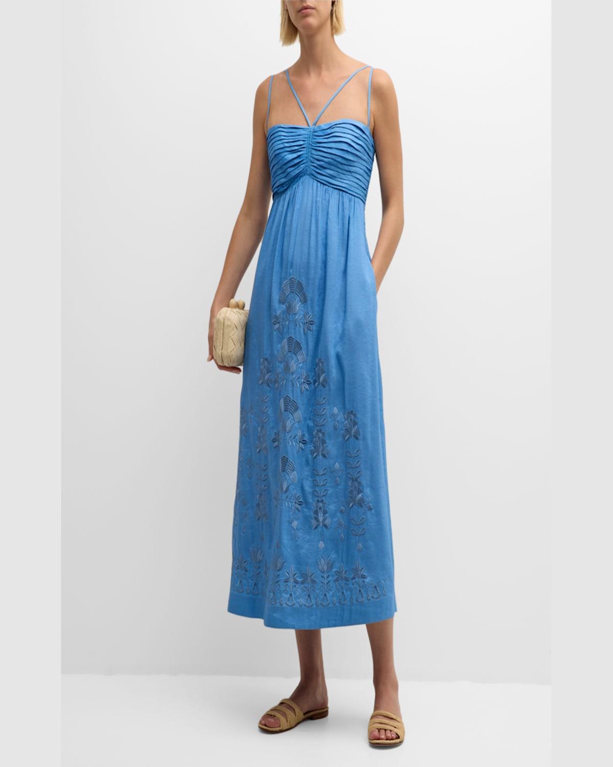 Ariella Pleated Floral-Embroidered Midi Dress