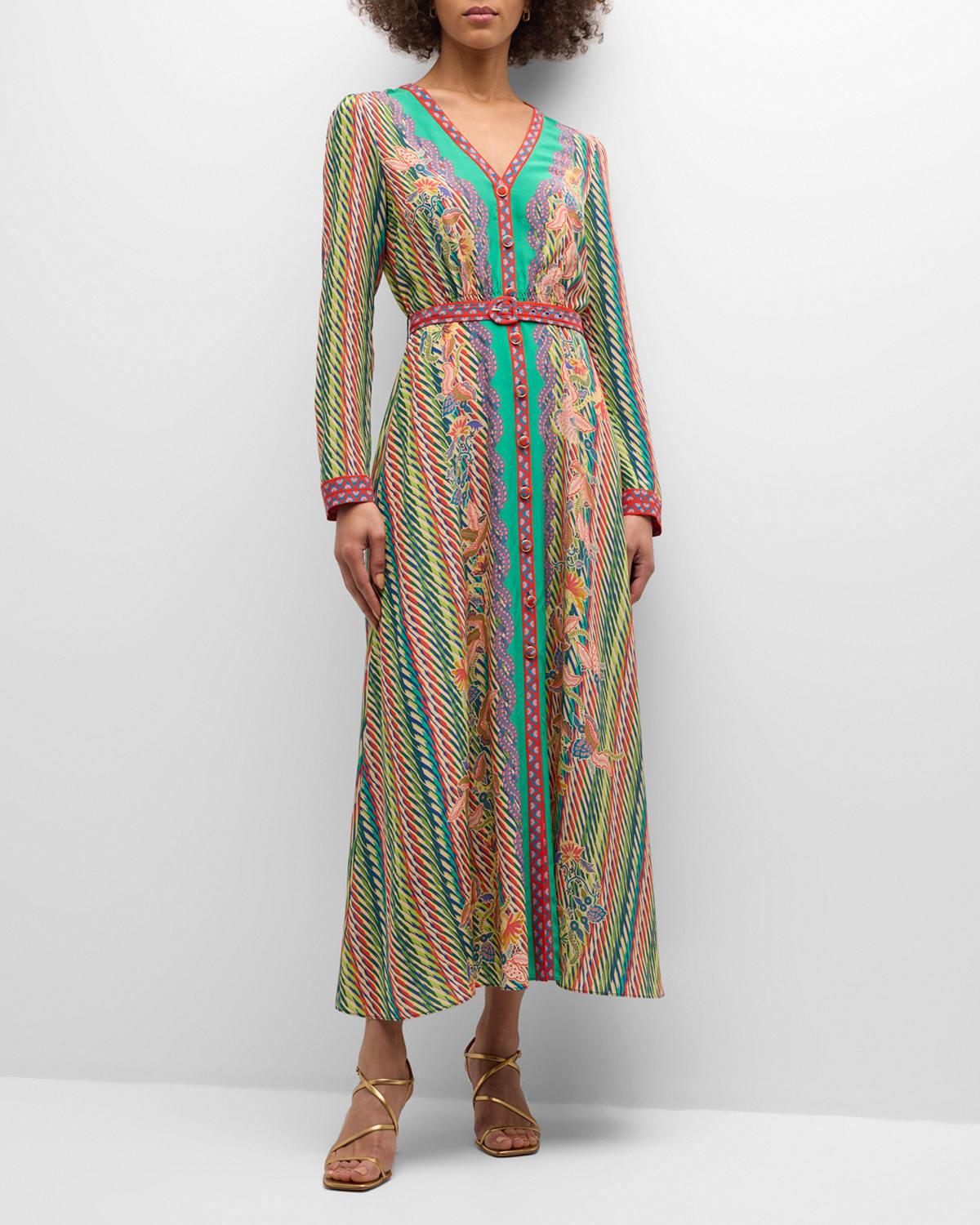 Lea Button-Front Printed Midi Silk Shirtdress