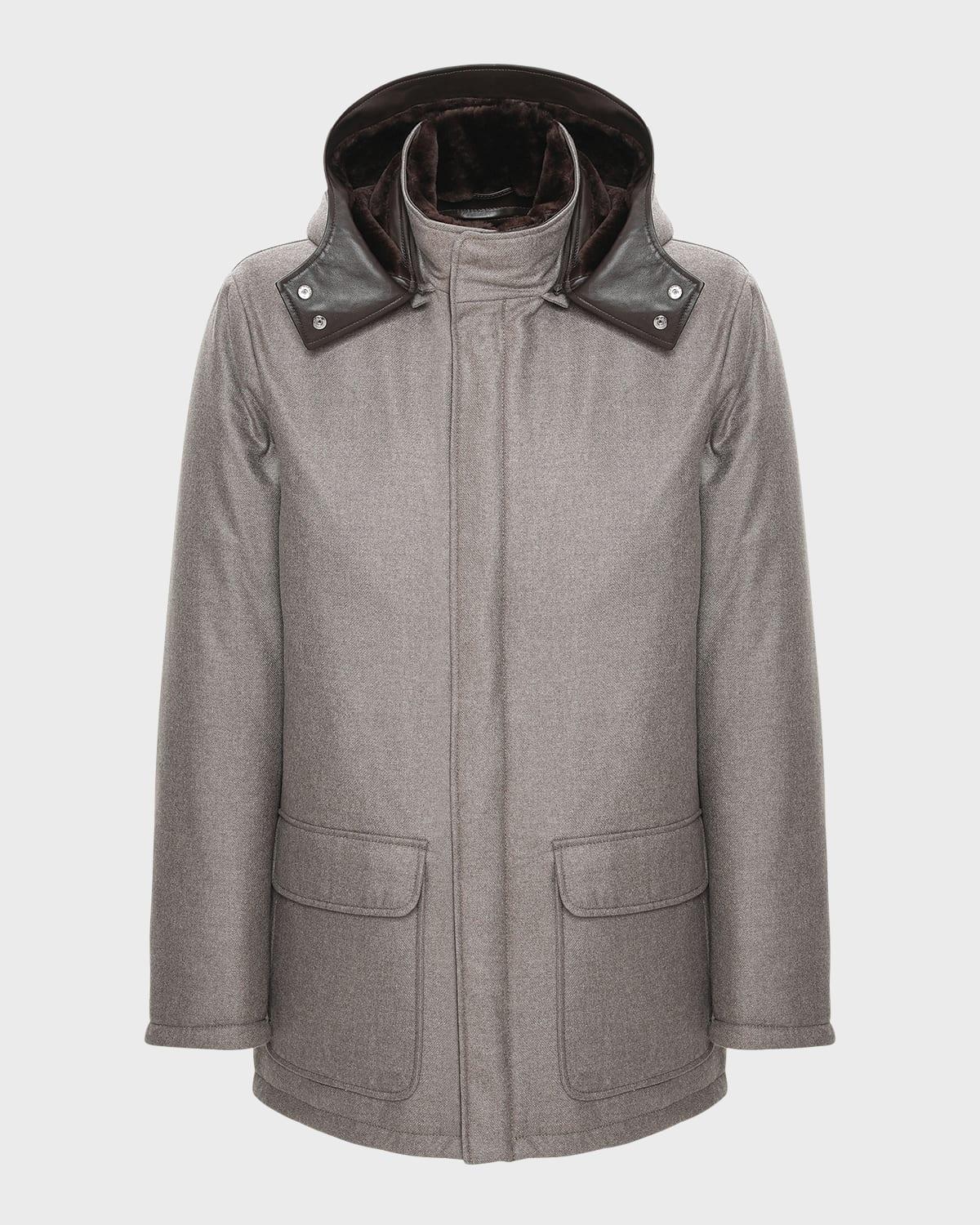 Men's Loro Piana Wool-Cashmere Parka with Lamb Shearling Collar and Detachable Hood