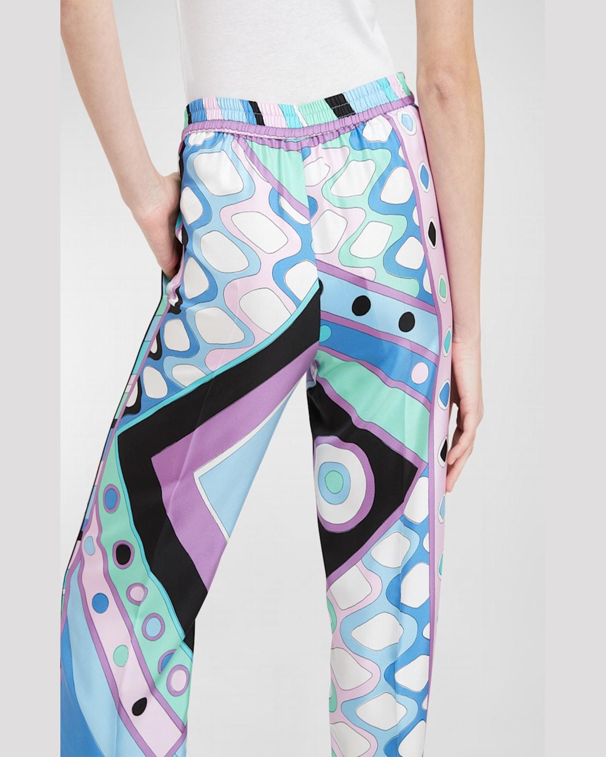 Mid-Rise Abstract-Print Straight-Leg Satin Pajama Trousers